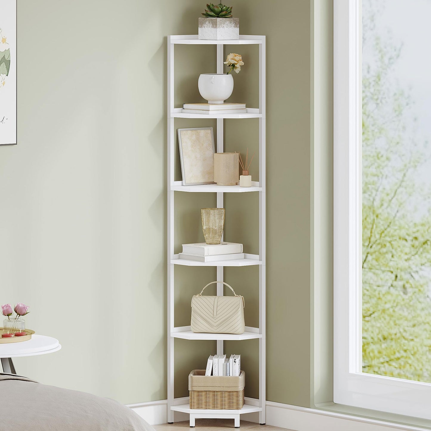 Hzuaneri Corner Shelf Stand, Corner Bookshelf, Storage Standing Shelf Unit with Metal Frame, Plant Stand, Bookcase for Living Room, Home Office, Bedroom, 6-Tier White CS06013W