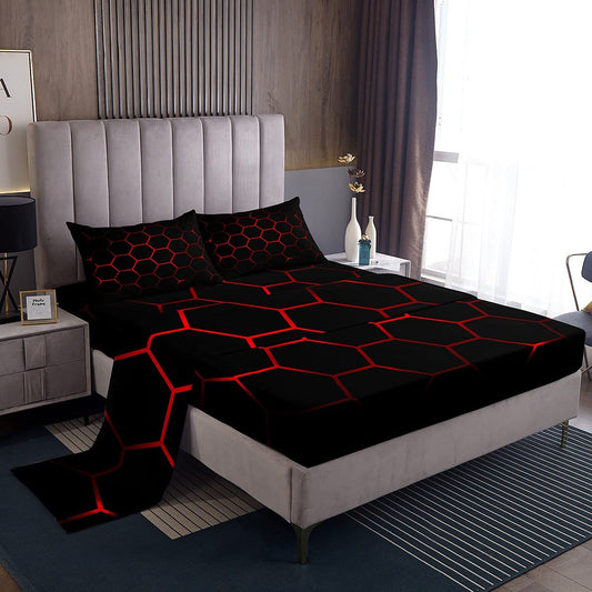 Feelyou Boys Honeycomb Bed Set for Kids Men Girls Modern Geometric Hexagon Theme Sheet Set Colorful Grid Art Neon Decor Bed Sheets Red Black Sheets Bedroom Collection 3Pcs Twin Size