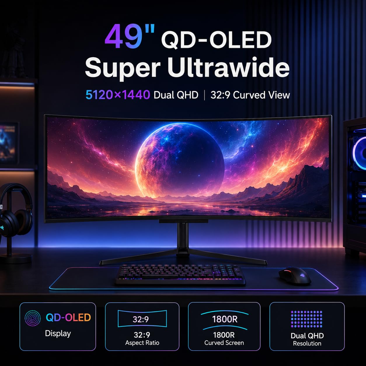 Deco Gear OLED 49 Inch Curved Monitor, 5K2K 5120×1440 Ultrawide Dual QHD, 144HZ, 0.03ms, 32:9 HDR400, Adaptive Sync, R1800 Premium 100% sRGB 90W USB-C, Built-in Speakers Height Adjustable Stand