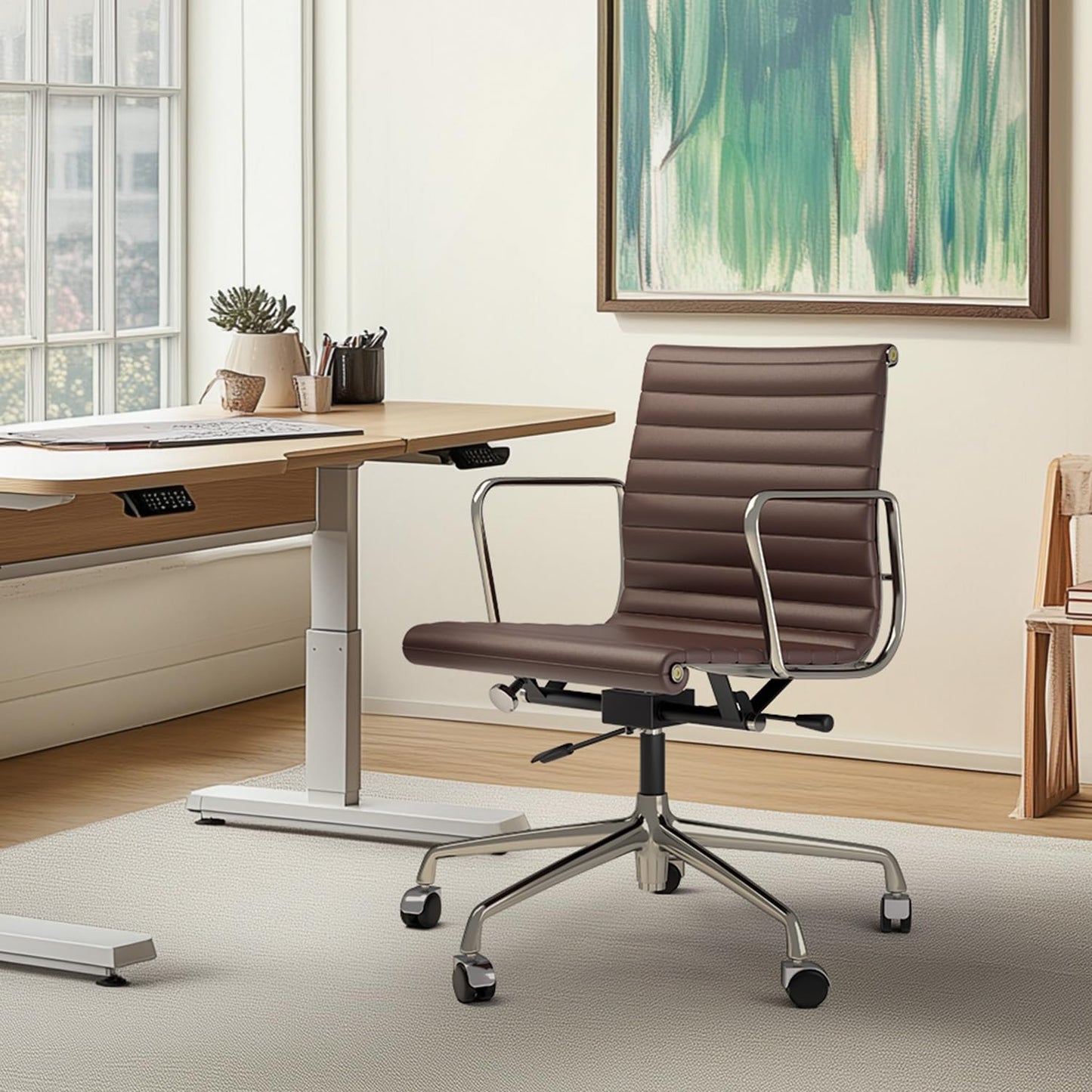 OTDMEL Ribbed Office Chair with Top Grain Leather - Mid Back Ergonomic Desk Chair with Aluminum Arm Rest and 5-Star Base, Swivel Chair Brown