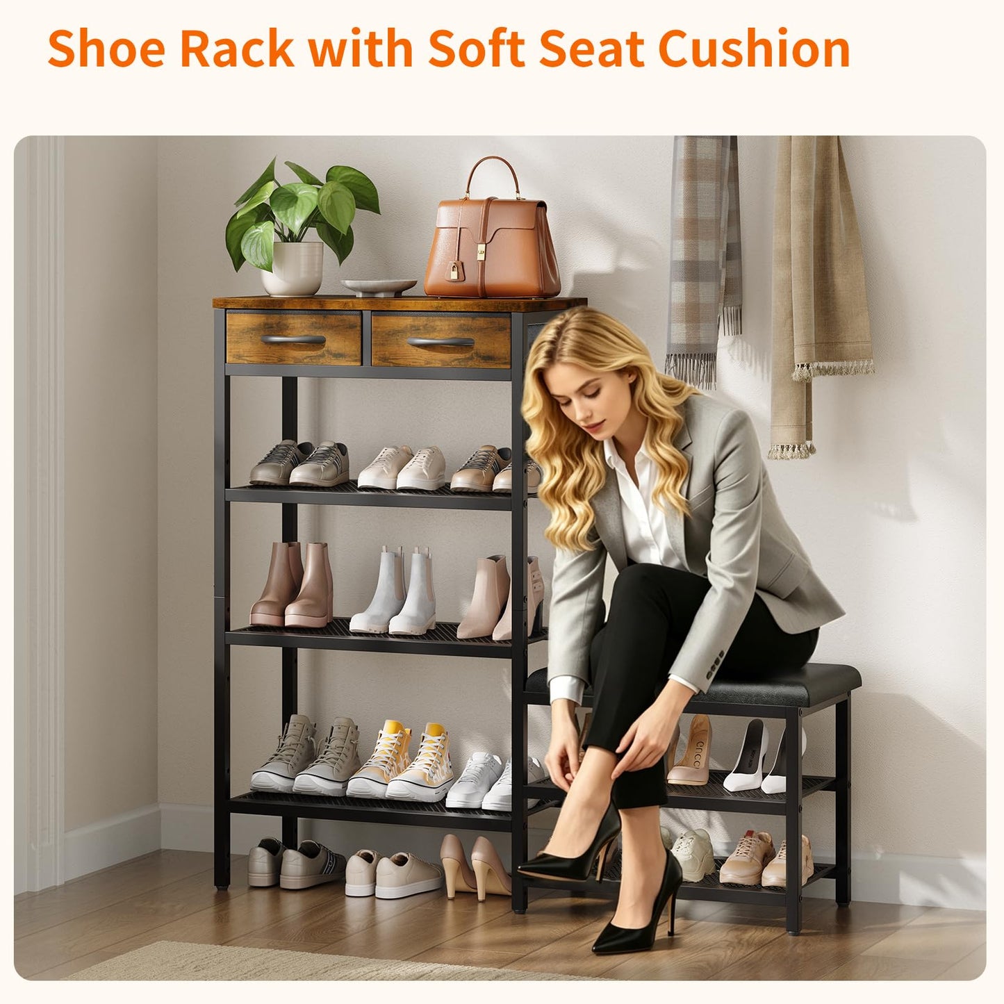 Shoe Rack Bench Shoe Rack for Entryway, Cushioned Entryway Shoe Storage with 2 Drawers & 5-Tier Organizer, Metal Frame Wood Top Narrow Space-Saving Hallway Organizer for Closet & Front Door
