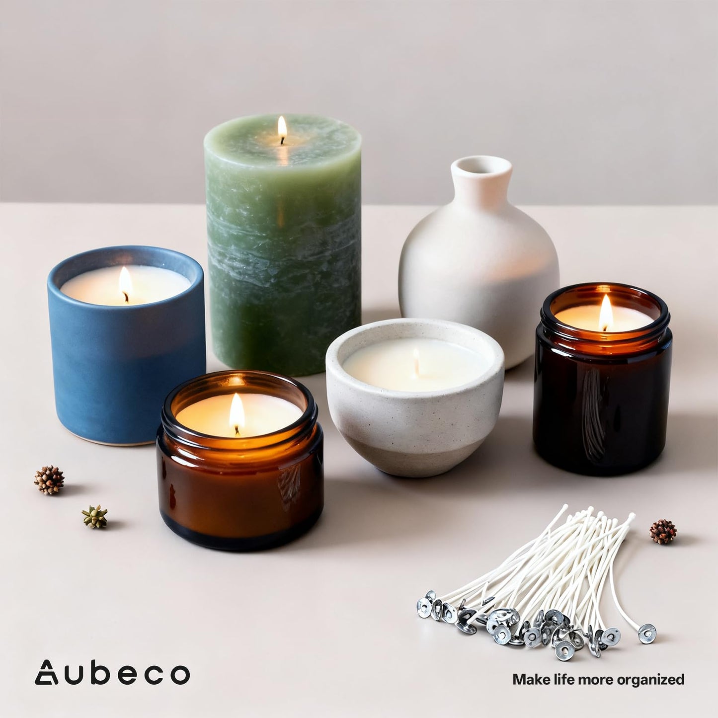 Aubeco 160Pcs Candle Wick, Low Smoke 10 Inch Pre-Waxed Cotton Wick with Tabs, Natural Cotton Core for Candle Making, Soy Candle DIY