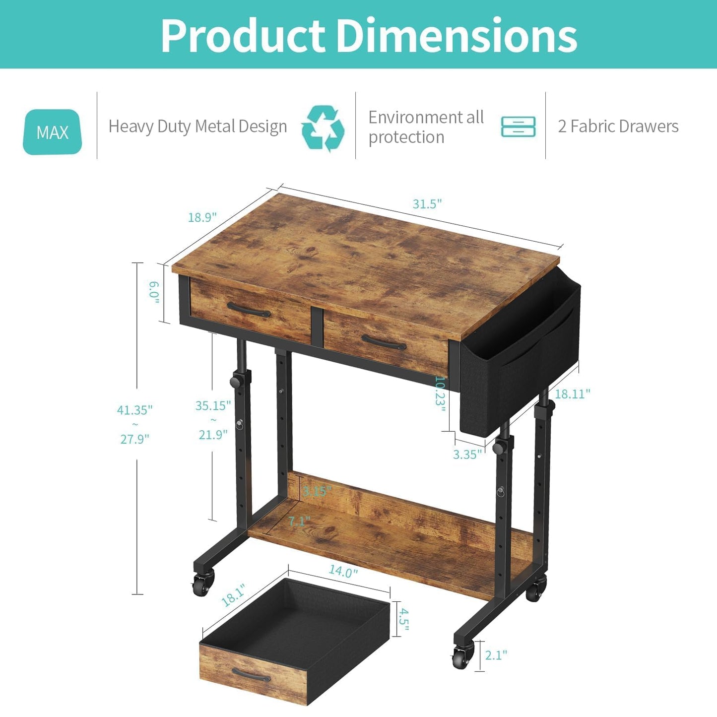 Small Portable Standing Rolling Desk - 32 Inch Adjustable Mobile Stand Up Teacher Desks with 2 Fabric Drawers on Wheels, Couch Sofa Side Laptop Table with Storage for Bedroom Home Office, Rustic Brown