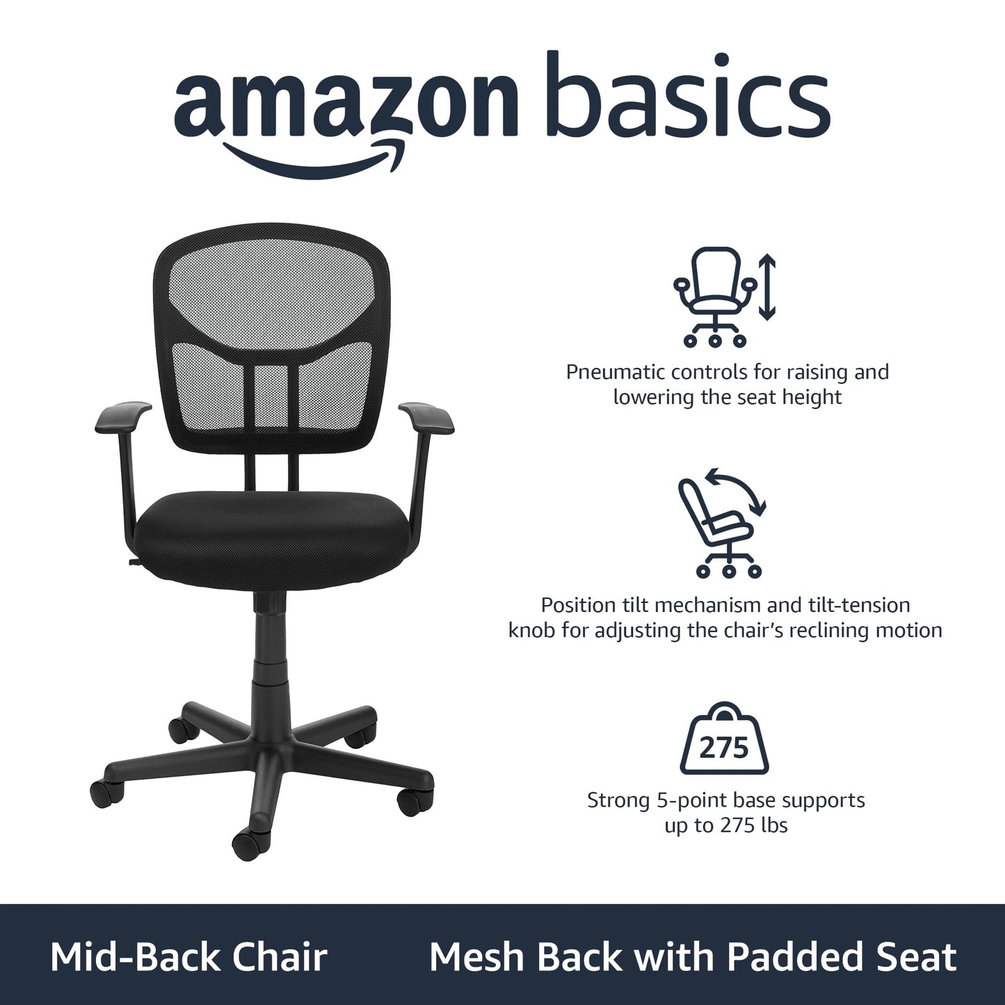 Amazon Basics Breathable Mesh Mid-Back Office Desk Chair with Armrests, Lumbar Support, 360-Degree Swivel, Adjustable-Height, Black