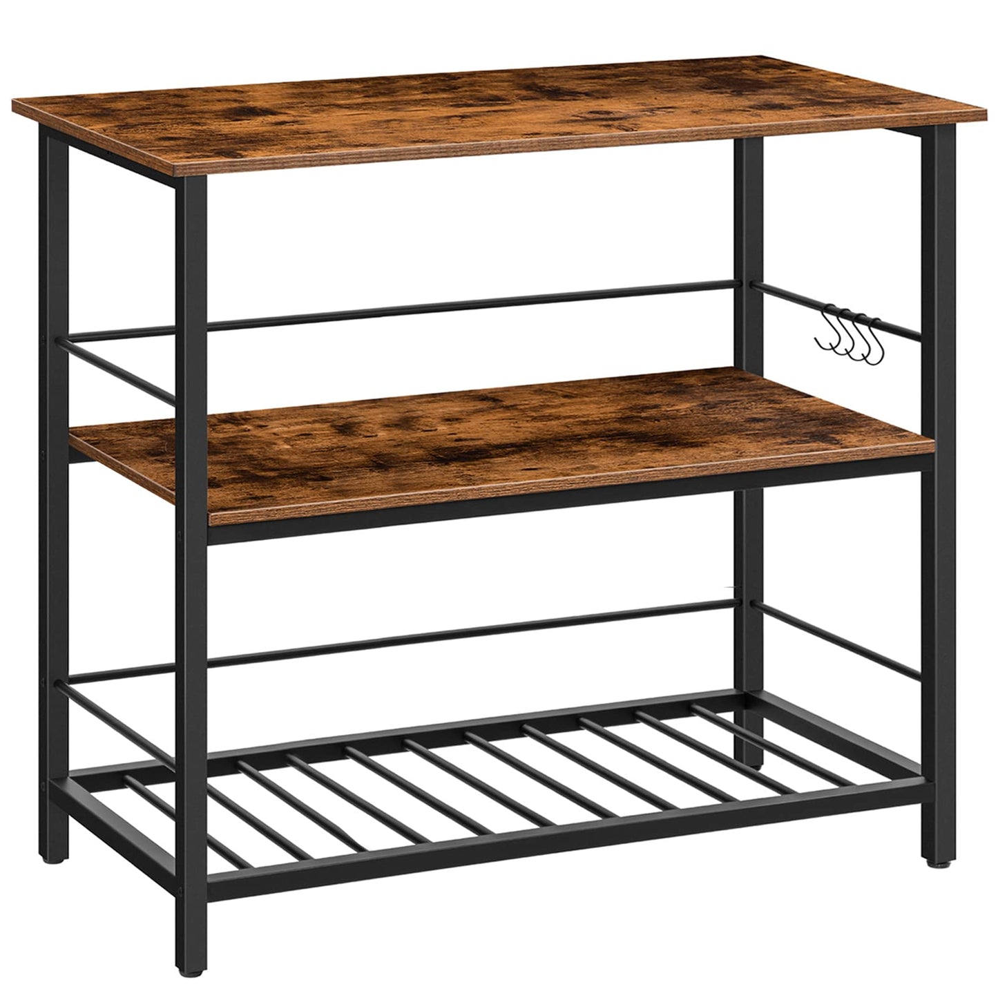 HOOBRO Kitchen Island with Wine Rack, Industrial Island Counter with Hooks and Protective Rails, 3 Tier Kitchen Shelf with Large Workstation, Easy Assembly, Rustic Brown BF02ZD01