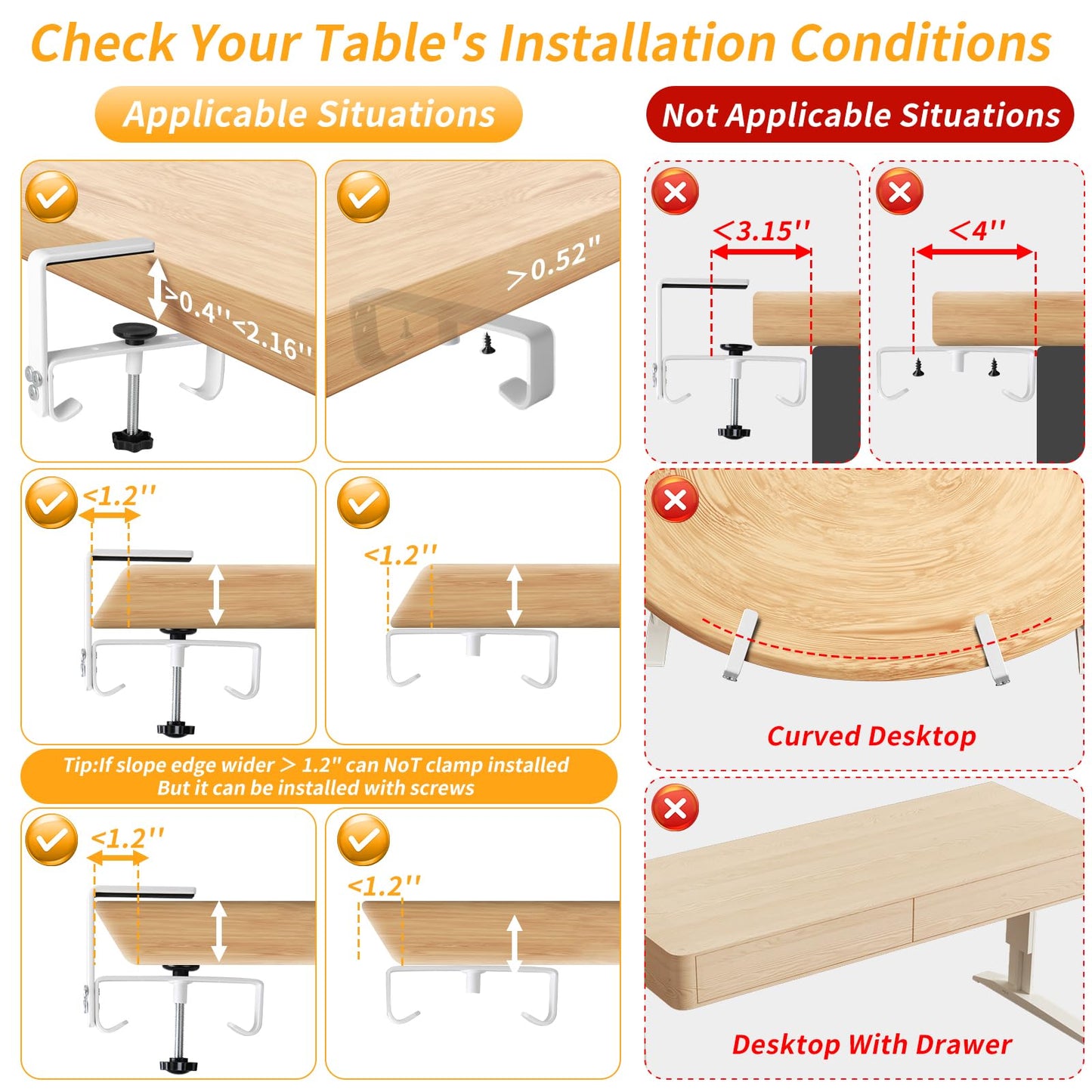 SUREUP9 Under Desk Cable Management Tray, 36" No Drill Cable Management Under Desk, Storage Table Under Desk Organizer with Clamp/Screws, Standing Cord Organizer Tray White Fabric for Home Office