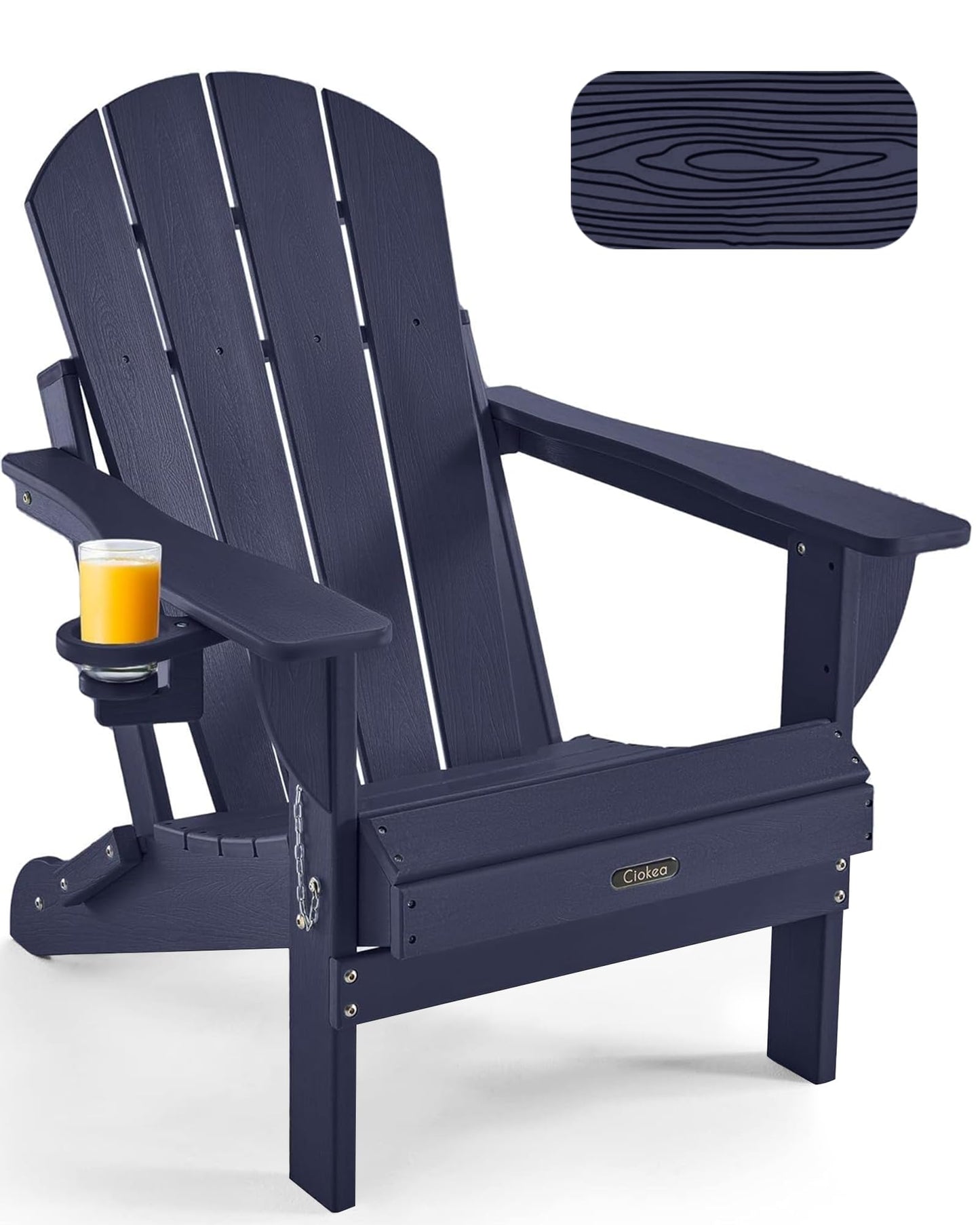 Ciokea Folding Adirondack Chair Wood Texture, Patio Adirondack Chair Weather Resistant, Plastic Fire Pit Chair with Cup Holder, Lawn Chair for Outdoor Porch Garden Backyard Deck, Blue
