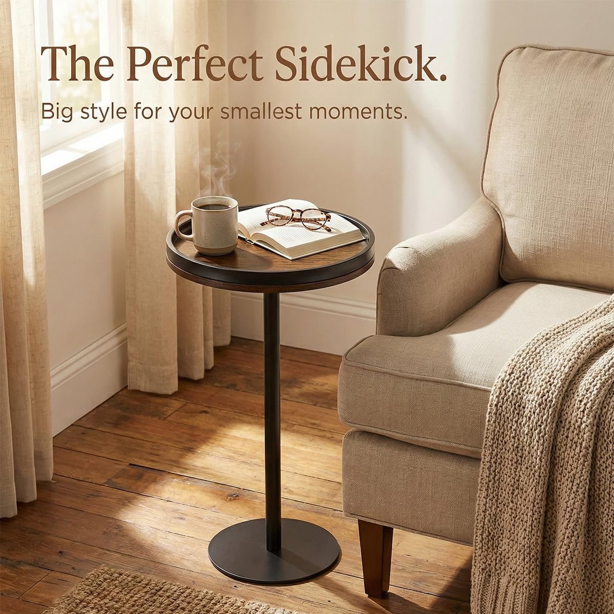 ZEXVIDA Small Round Side Table,Drink Table with Weighted Base,Industrial Metal & Wood Pedestal End Table with Tray Top, Martini Table for Small Spaces, Living Room, Next to Sofa,24.7" H