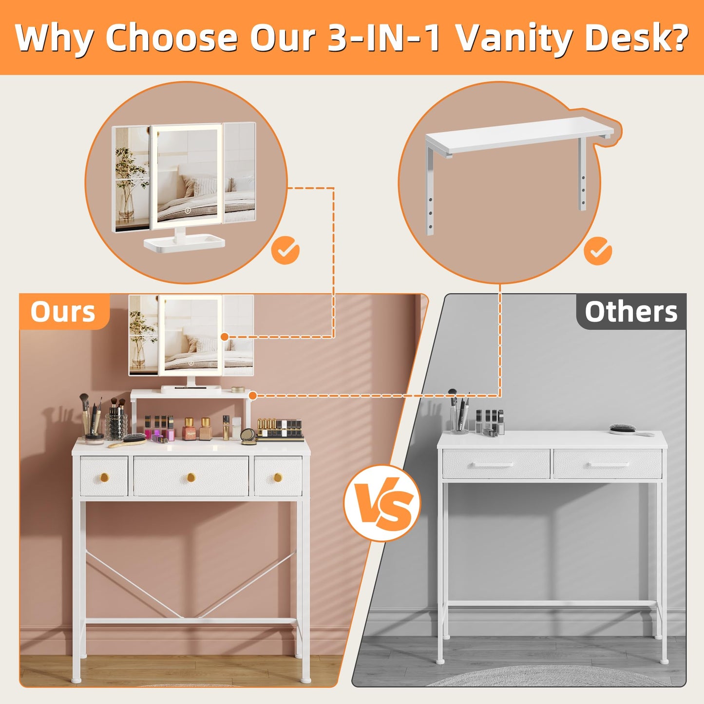 HIGDBFE Small Makeup Vanity Desk 27.5''W with Mirror and Lights, Vanity Desk with 3 Fabric Drawers and Height-Adjustable Stand, Vanity Table for Girls Gifts, Bedroom and Small Spaces, White