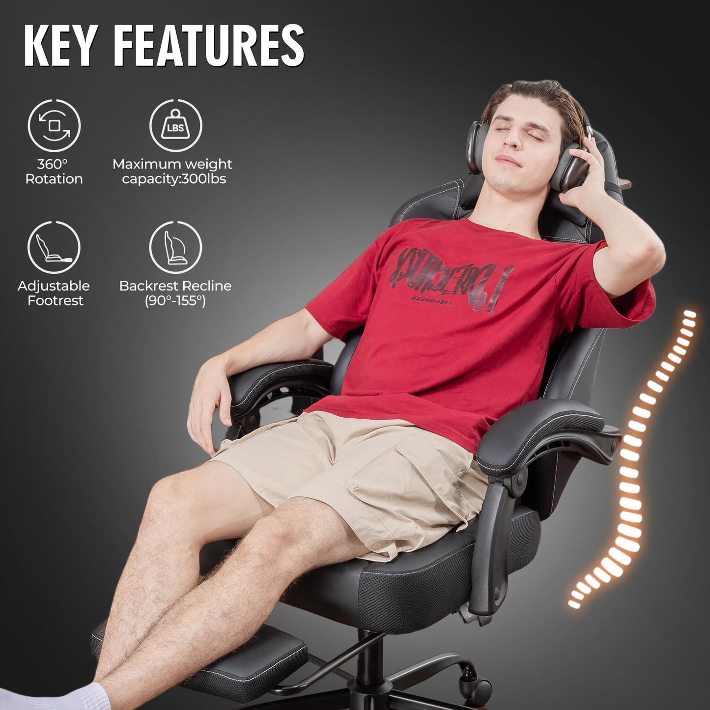 GTPLAYER Gaming Chair, Office Chair High Back Computer Chair with Foot Rest for Adults, Leather Desk Chair Executive Ergonomic Height Adjustable with Headrest and Lumbar Support, 300lbs Dark Black