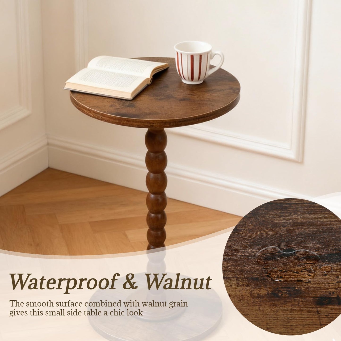 FIAHOSEY Small Walnut Drink Table - 22.56" Tall Vintage Bobbin End Table for Small Spaces, Dark Wood Pedestal Accent Table for Living Room, Classic Martini Table