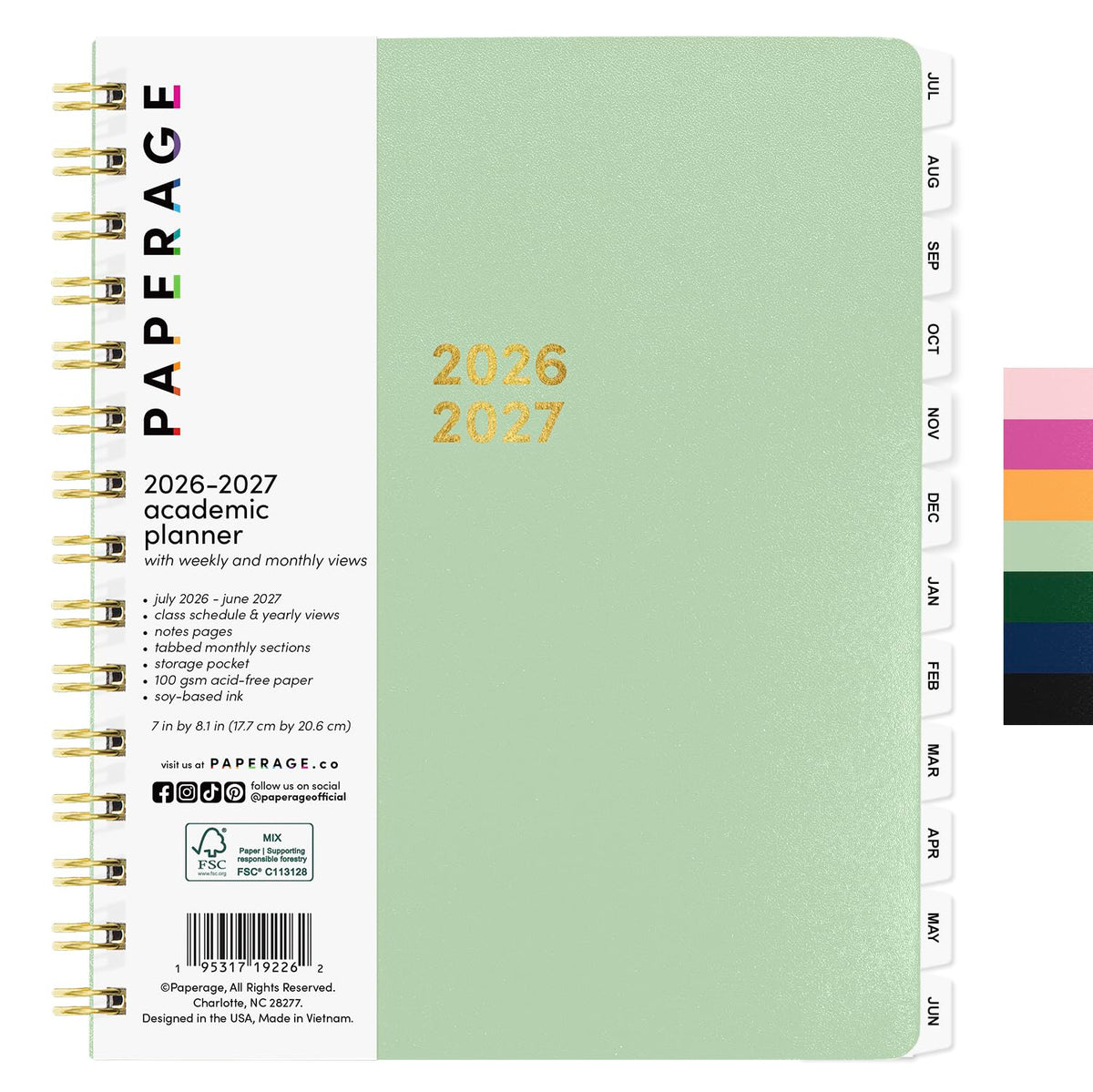 PAPERAGE Academic Planner, Weekly & Monthly Planner & Calendar, 12-Months, July 2026 - June 2027, (7" x 8"), School & Student Planning Agenda with Tabs, Bonus Pages & Inner Pocket, Sage Green