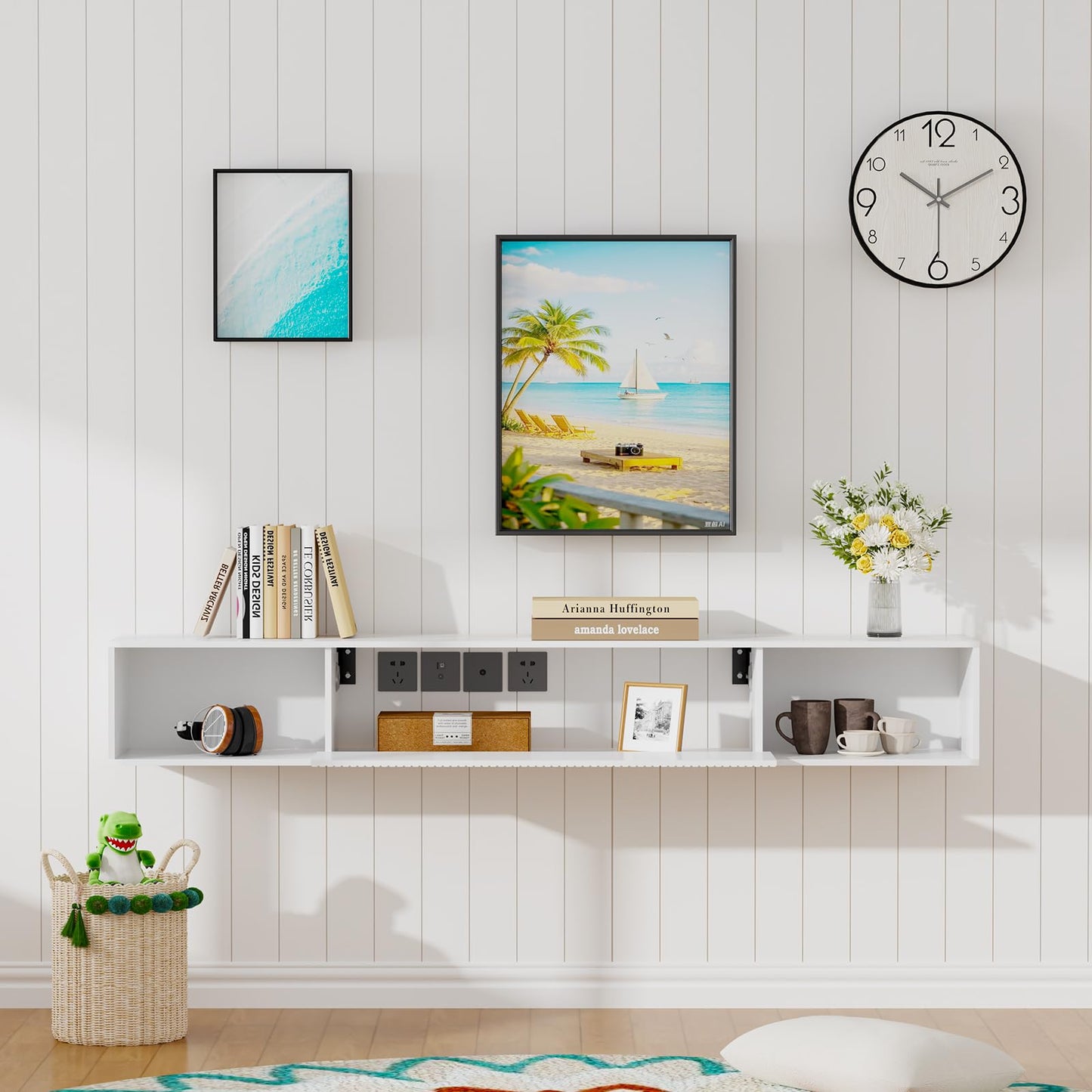 Katrawu 55" Floating TV Stand with LED Light, Floating TV Stand Wall Mounted, Floating Entertainment Center with Storage Long for Bedroom, Wood Floating TV Shelf for Living Room (White)