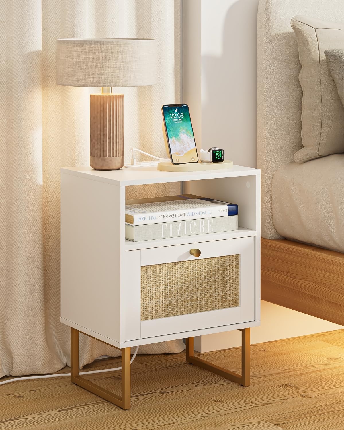 Masupu Rattan Nightstand with Charging Station,Modern Boho Farmhouse Wood Bedside Table with Storage Drawer and Open Shelf,Small Gold Frame Side End Table for Bedroom,Living Room,Office White