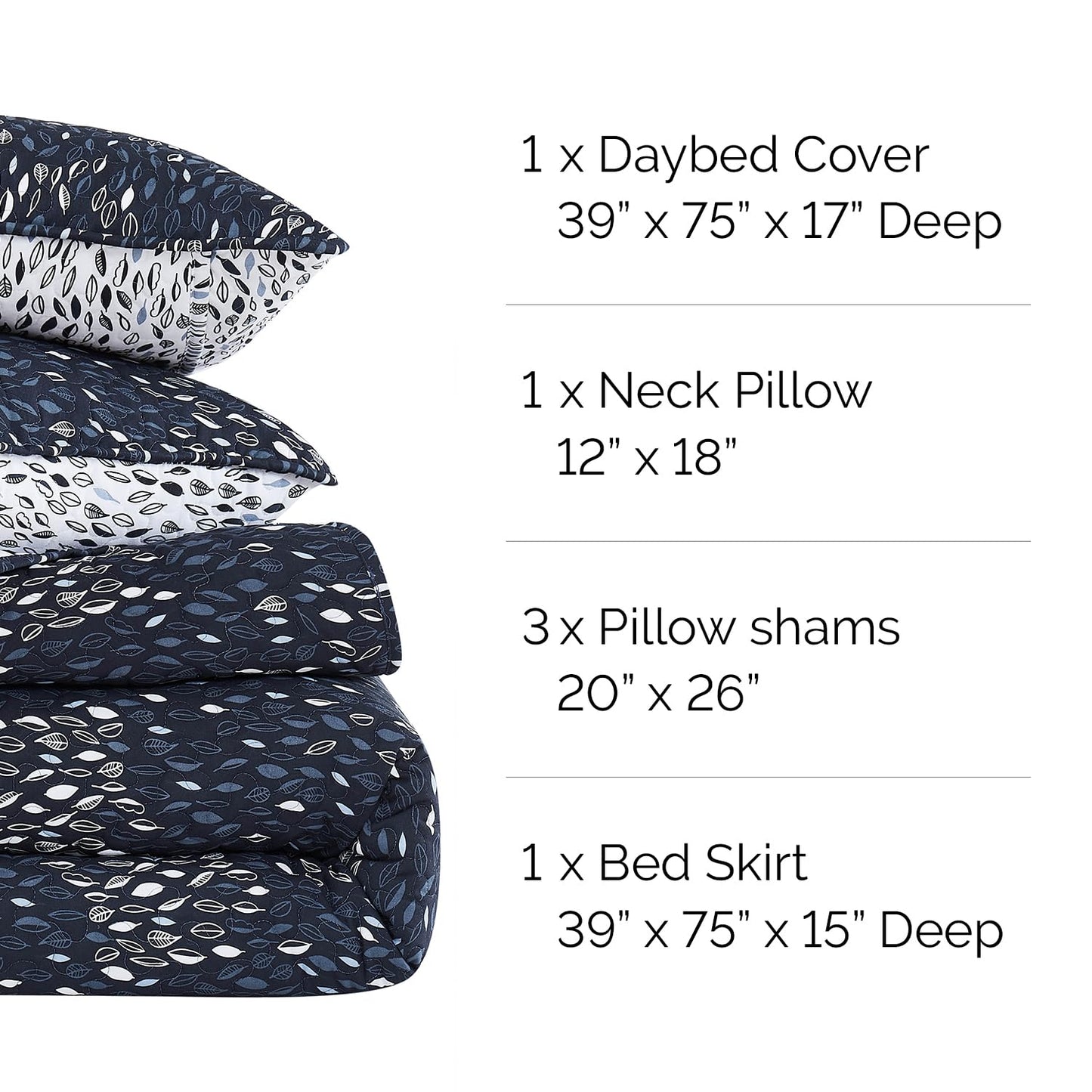 Southshore Fine Living, Inc. Twin Day Bed Comforter Sets, 6-Piece Trundle Bed Bedding Set with Bedspread, 3 Pillow Shams, Bedskirt, Throw Pillow - Daybed Quilt Set, Botanical Leaves Blue
