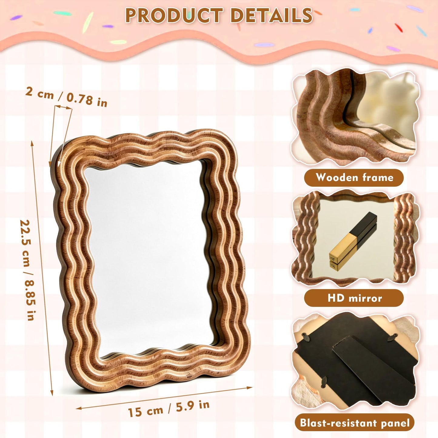 Pehvdkuq Wood Framed Wave Shaped Folding Makeup Mirror, Scalloped Aesthetic Tabletop Vanity Mirror with Stand for Desk Bedroom Office Home Decor, Boho Style