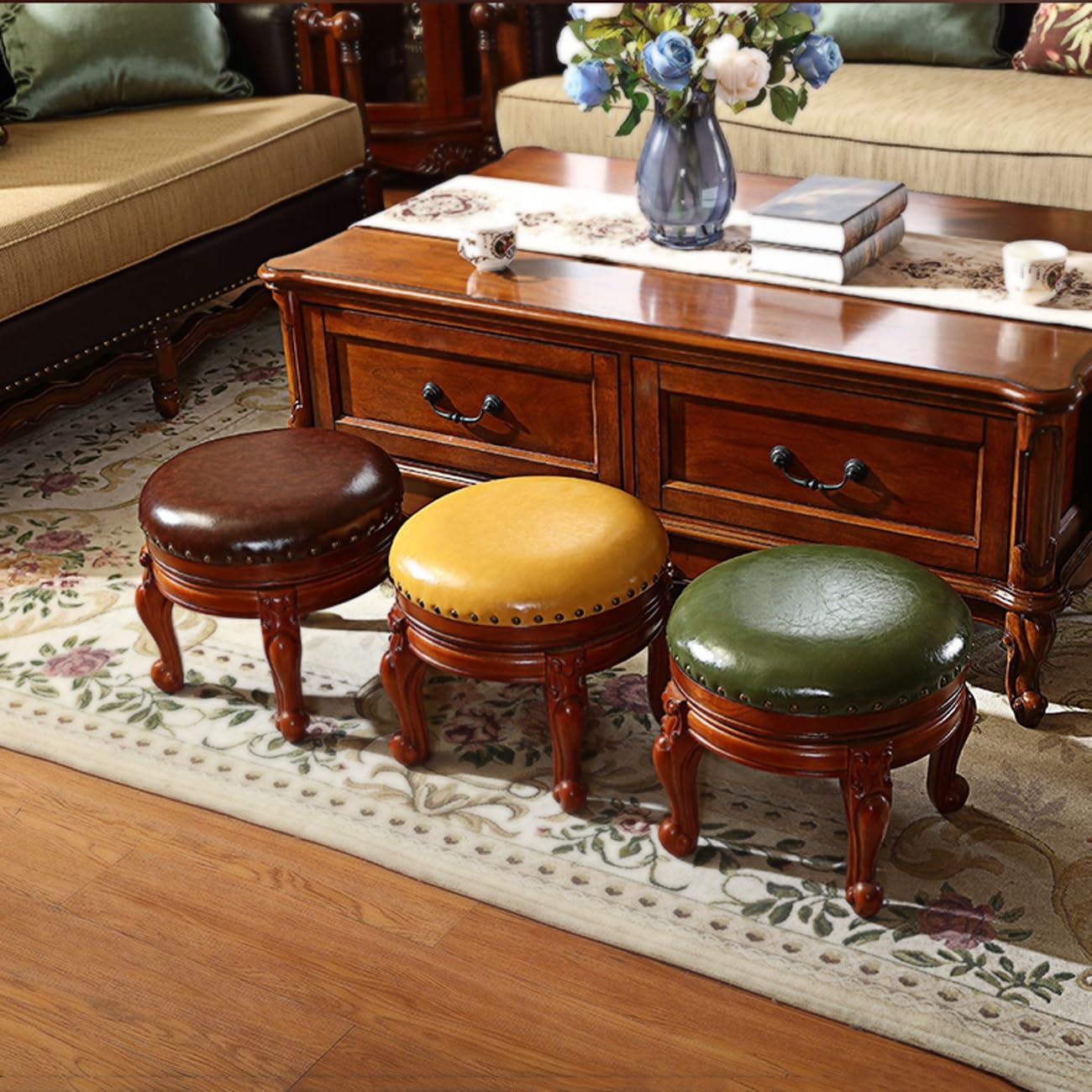 TXGJWRA Leather Wooden Foot Stool Round Ottoman, 360° Rotation Upholstered Foot Rest, Living Room Rest Stool Footrest,Shoe Changing Stool for Entryway Cloakroom,