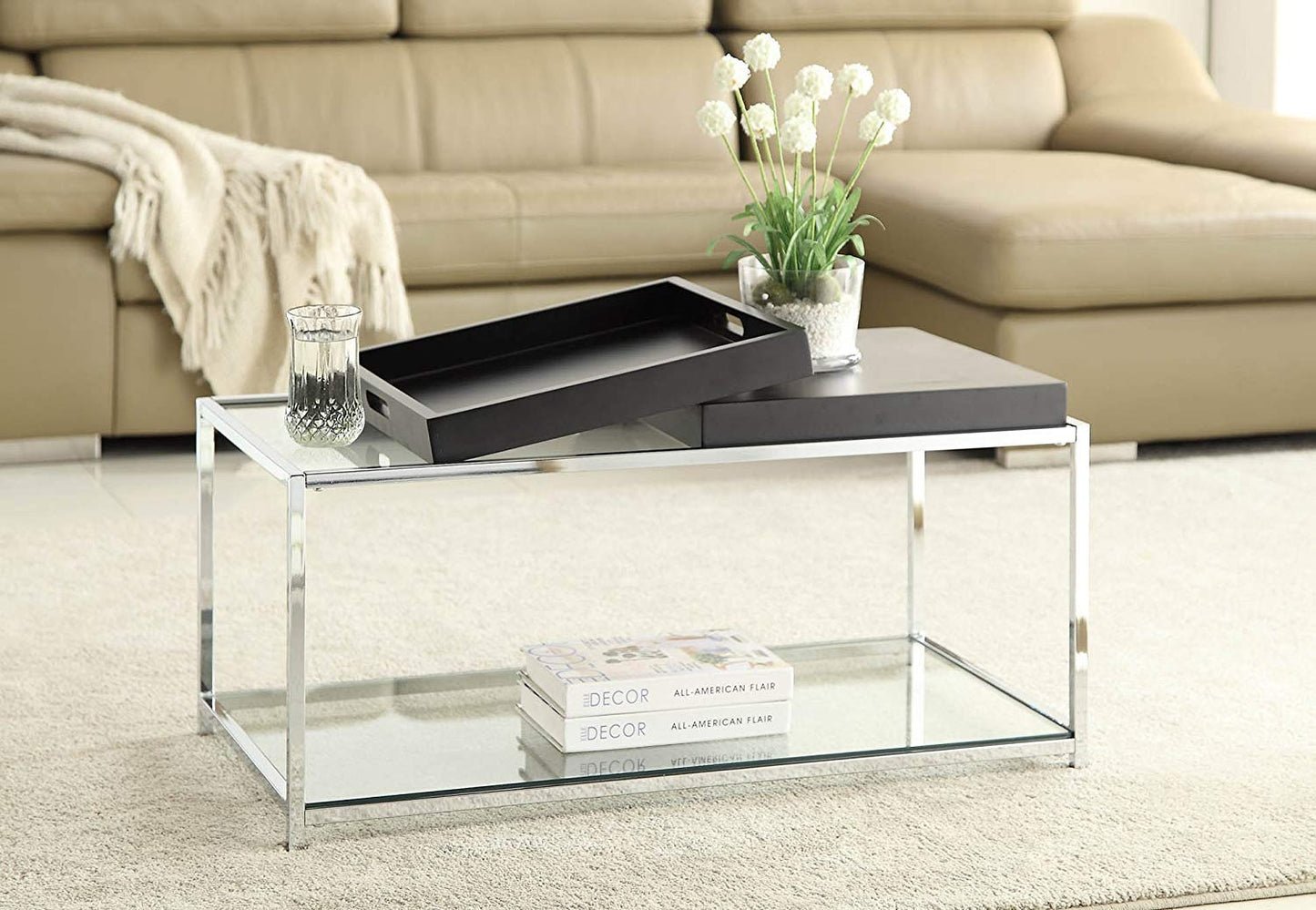 Convenience Concepts Palm Beach Serving Tray 16.75" - Kitchen & Living Room Square Wood Decorative Tray with Handles, Ottoman Accent Tray, Coffee Table Tray, Counter Organization & Storage, Black