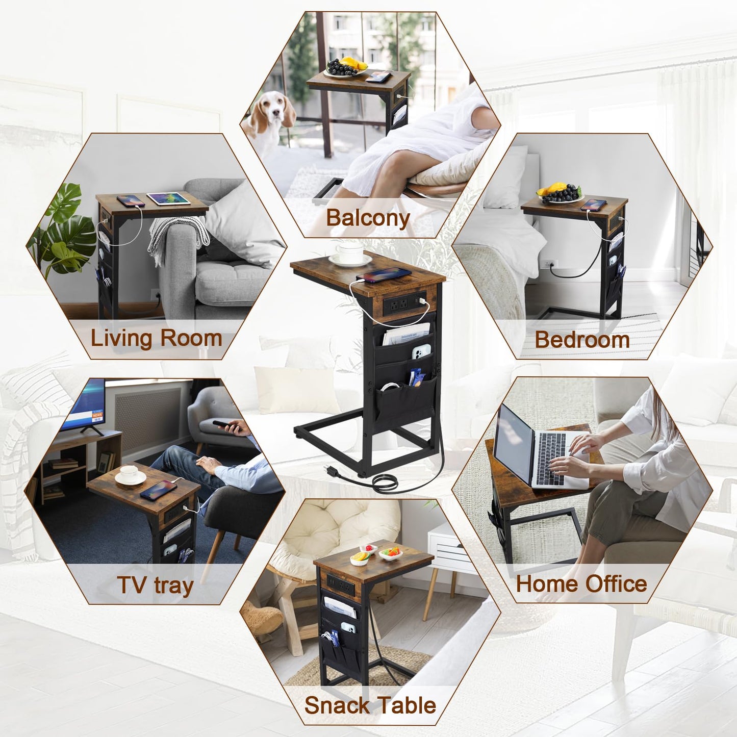 AMHANCIBLE C Shaped End Table with Charging Station, TV Tray Couch Tables with Storage Bag, Slide Under Sofa Side Side Table with USB Ports and Outlets for Living Room, Rustic Brown, HET04CBR-1