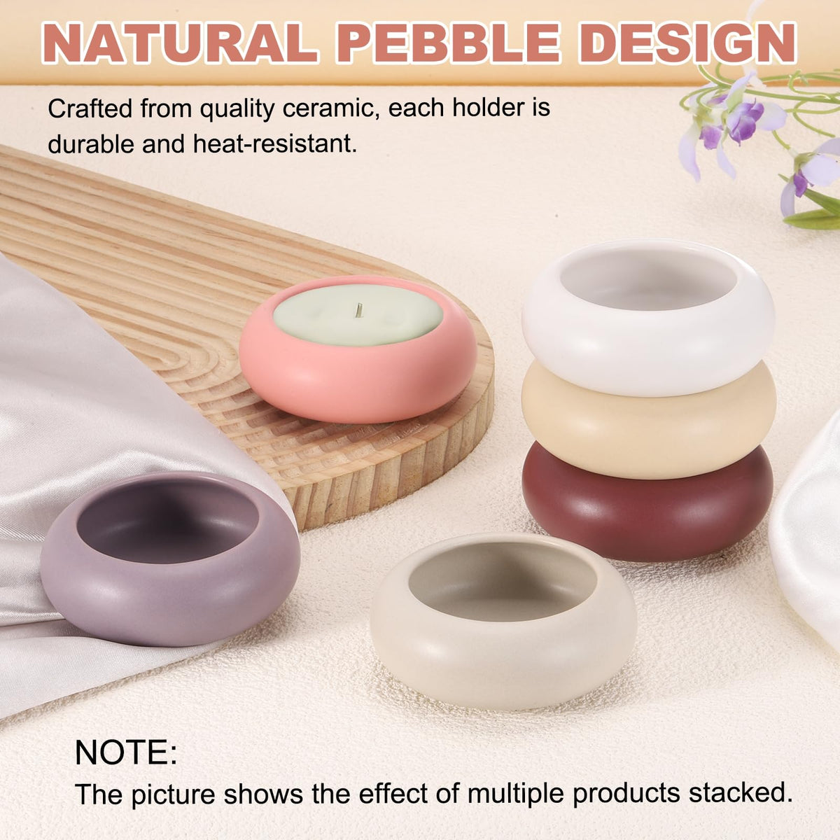 MECCANIXITY Pebble Tealight Candle Holders 4 Pcs Ceramic Candle Holders for Garden Desk Table Home Decor, Beige