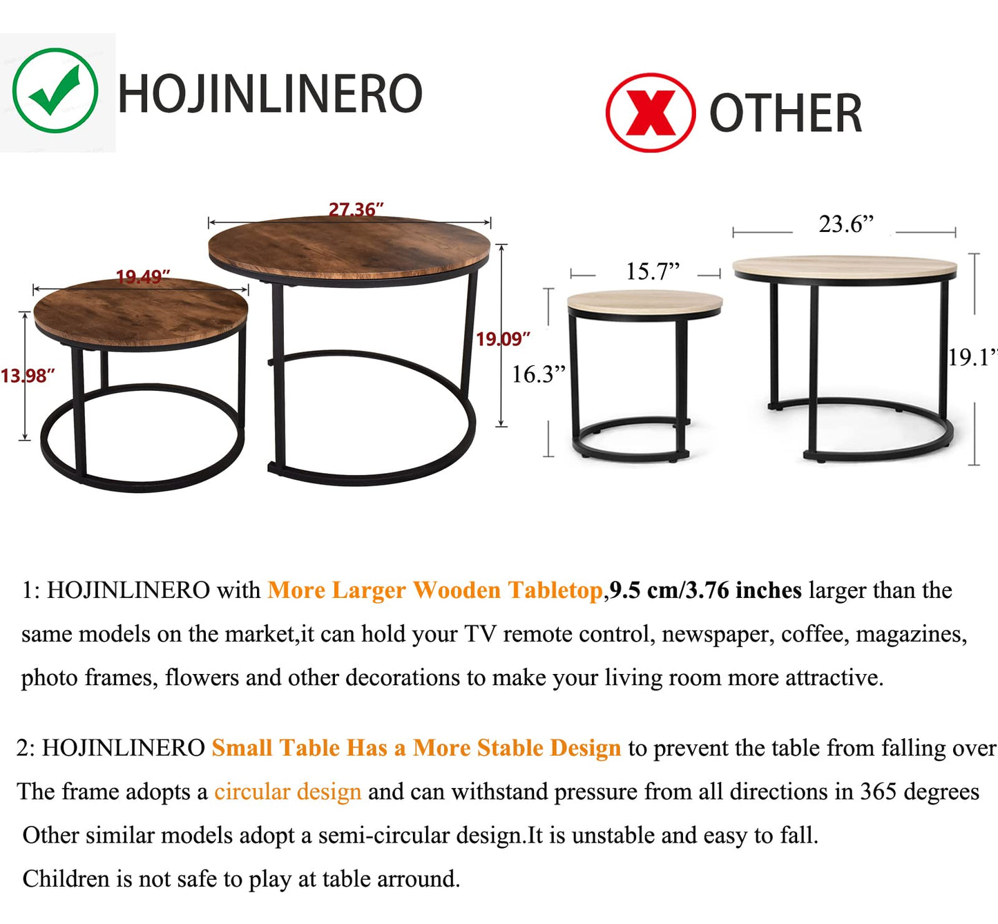 HOJINLINERO Round Coffee Table,Nesting Coffee Table Set of 2,Center Tables for Living Room,Office, Home Small Space,Stacking Side Tables,Sturdy and Easy Assembly,Wood Desktop,Brown,Large