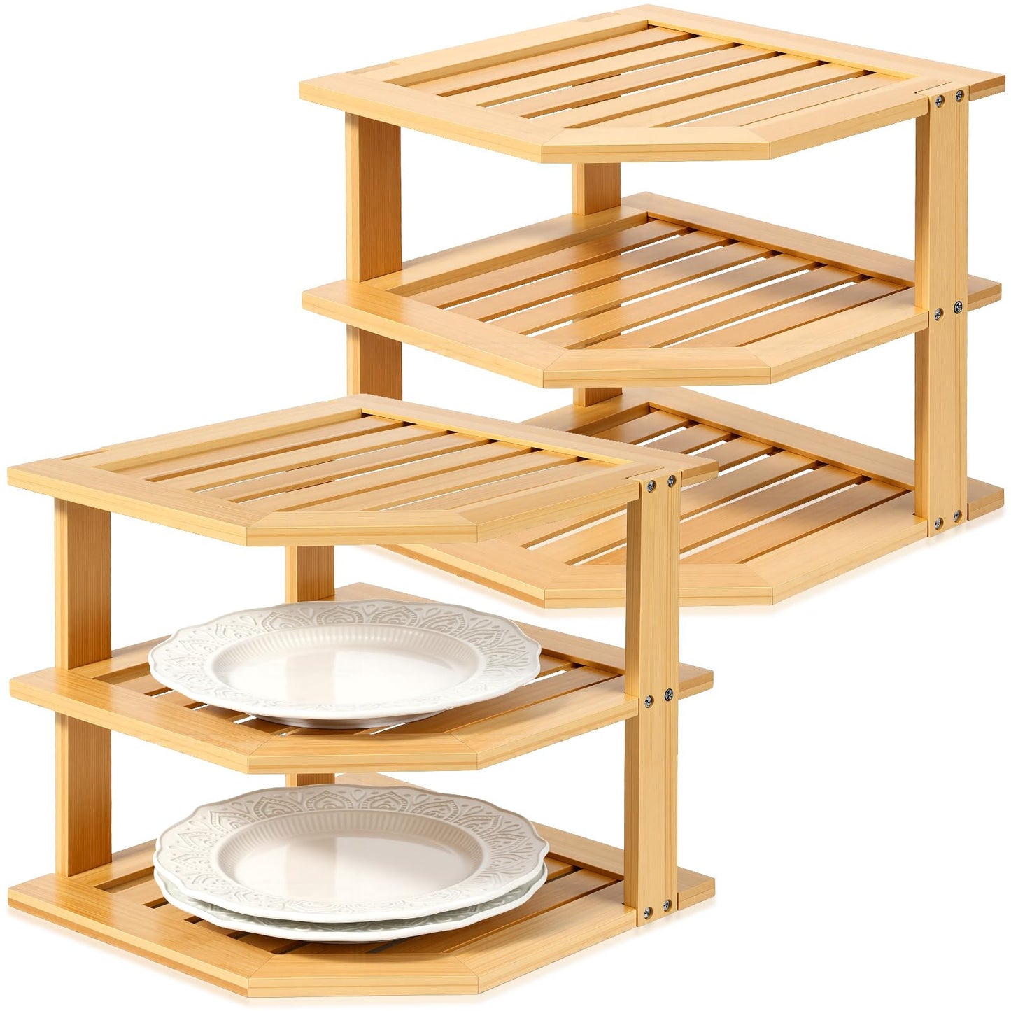 BrightRow 2 Pcs Corner Bamboo Shelf, Kitchen Cabinet Organizer Bamboo Bookshelf, Organizer Kitchen Shelves, Corner Cabinet Rack, Storage Shelves for Pantry Bathroom Dining Room Study Laundry