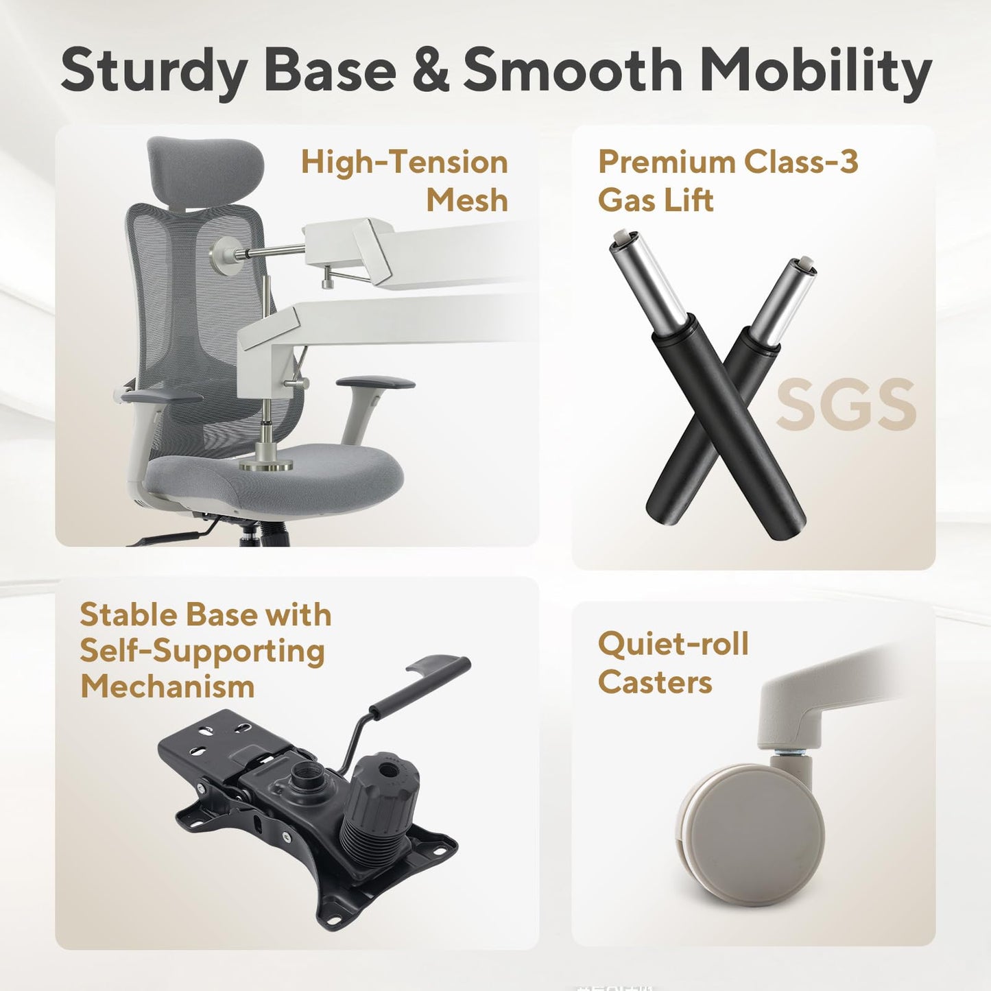 Nouhaus Fluido Ergonomic Office Chair, High Back Mesh Computer Chair w/Height Adjustable Lumbar Support, Backrest & Headrest, Dynamic Back Support, 3D Armrests, Home Office Desk Chairs Comfy (Grey)