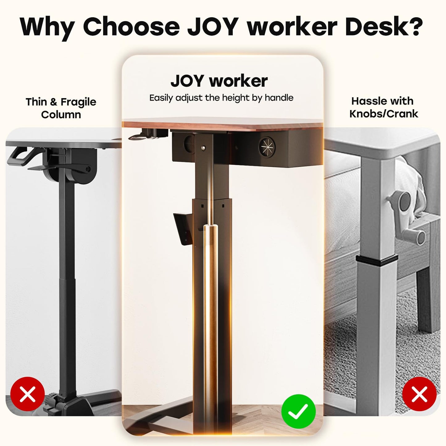 JOY worker Height Adjustable Rolling Laptop Desk with Shelf, Mobile Standing Desk, Pneumatic Mobile Laptop Table with Wheels for Couch Home Office School, Holds Up to 22lbs, Dark Walnut