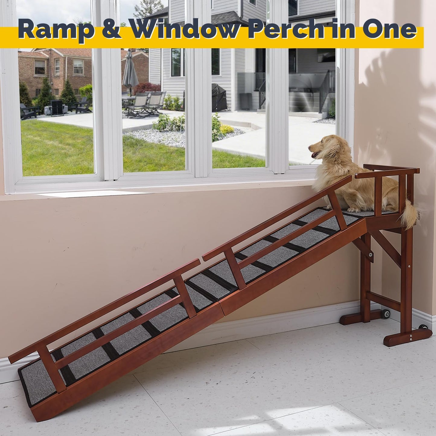 KUVETO Dog Ramp for Bed or Couch, Wooden Pet Ramp with 20° Gentle Slope, Removable Side Rails, Non-Slip Surface, Top Platform & Wheels, Safe Bed Ramp for Small, Large & Senior Dogs, 74" Long, Mahogany