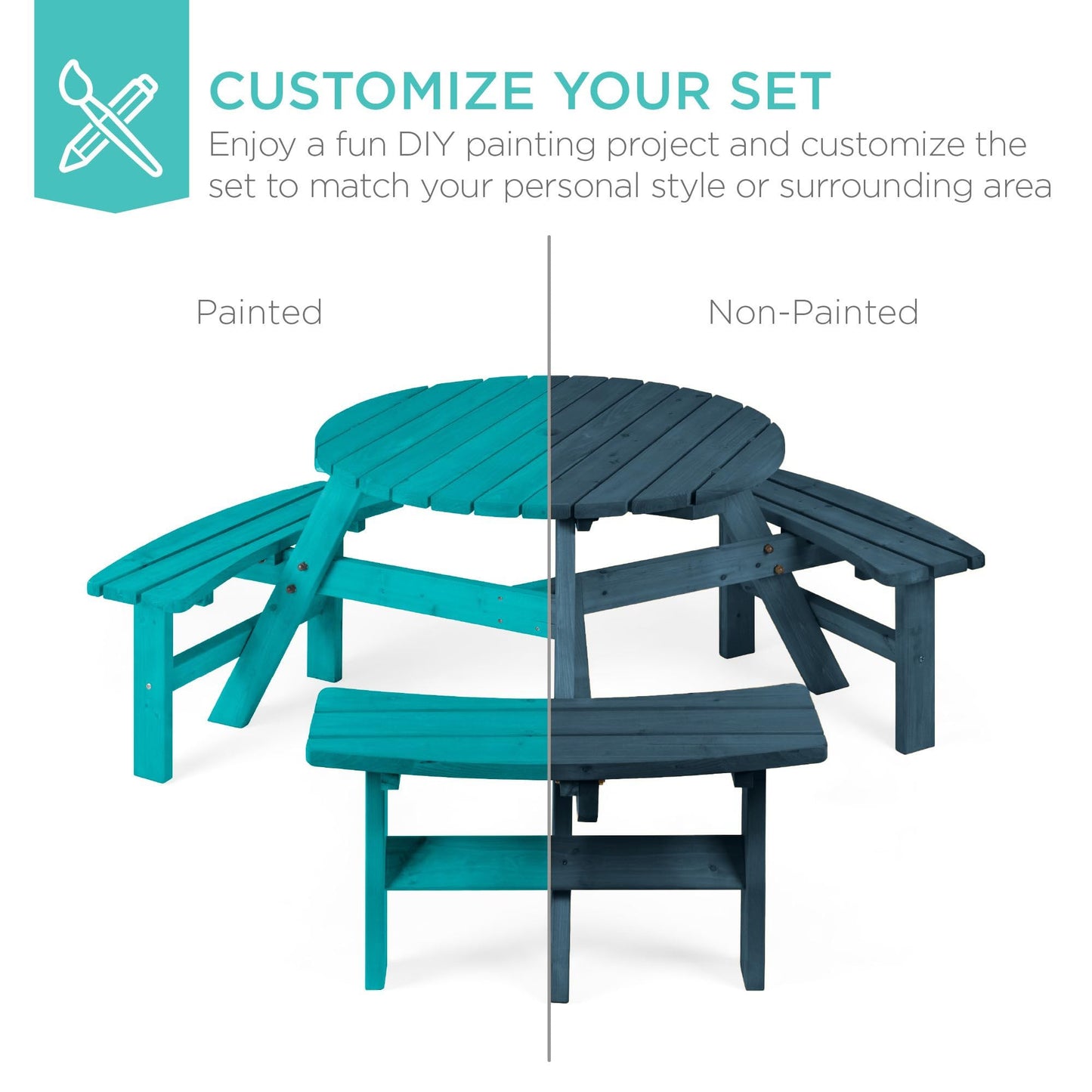 Best Choice Products 6-Person Circular Outdoor Wooden Picnic Table for Patio, Backyard, Garden, DIY w/ 3 Built-in Benches, 500lb Capacity - Harbor Blue