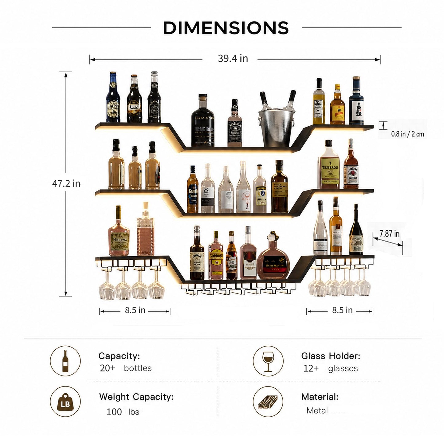 ZAOBAS Wall Mounted Wine Rack with LED Lights, 3-Tier Floating Bar Shelves, Hanging Liquor & Wine Glass Rack for Home Bar, Cafe, Dining Room Decor (Black, 39.4" W)
