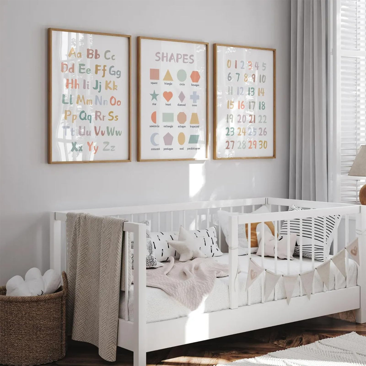 Kids Playroom Wall Art Decor Nursery ABC Alphabet Poster Play Room Canvas Wall Decor Toddler Childrens Educational Artwork Numbers Shapes Prints ABC Picture for Playroom 12x16 Inch Unframed Set of 3