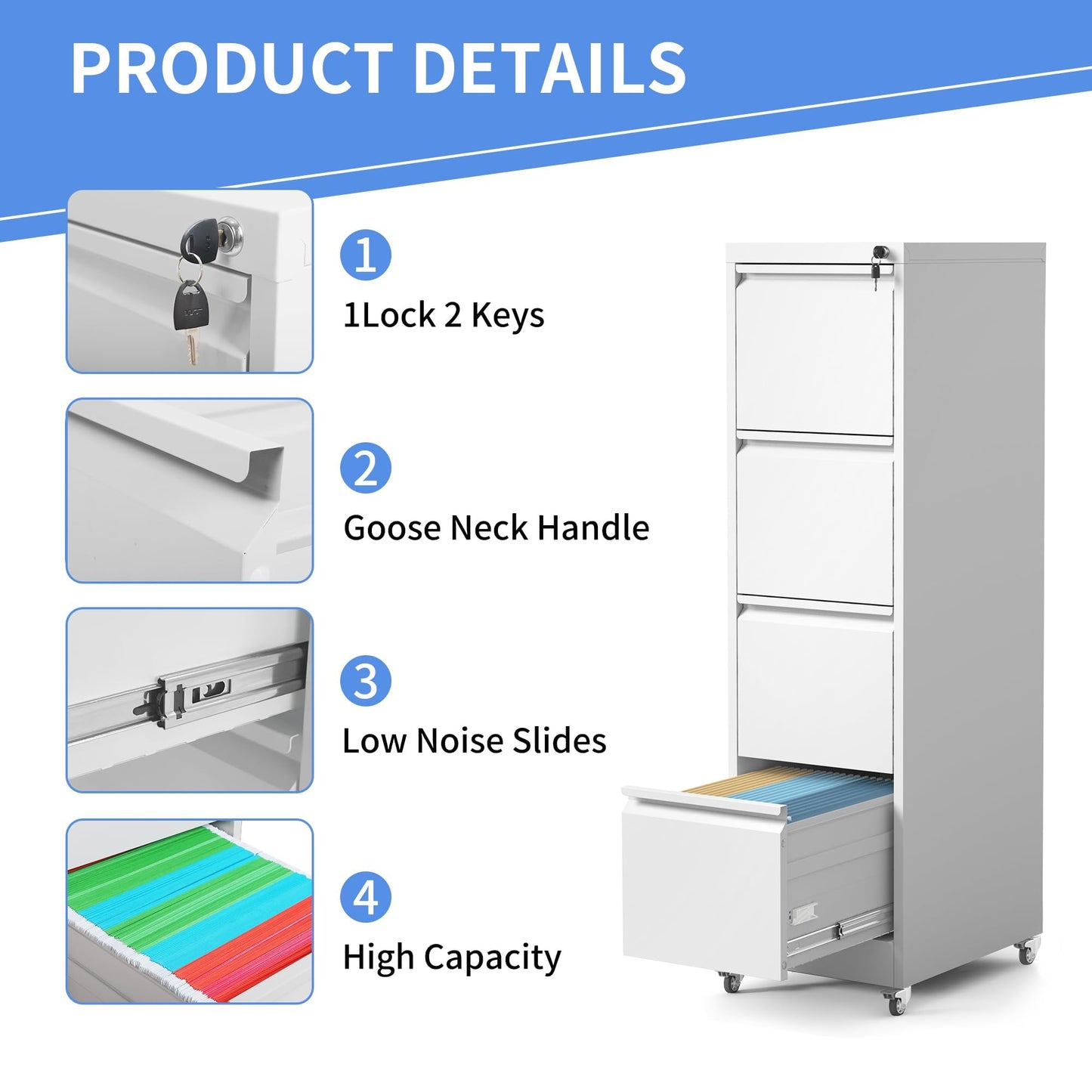 Yukimo 4 Drawer File Cabinet with Wheels, Metal Mobile Filing Cabinets with Lock, Vertical File Cabinet for Home Office, Rolling Storage Cabinet for A4/Letter/Legal Size File, Assembly Required, White