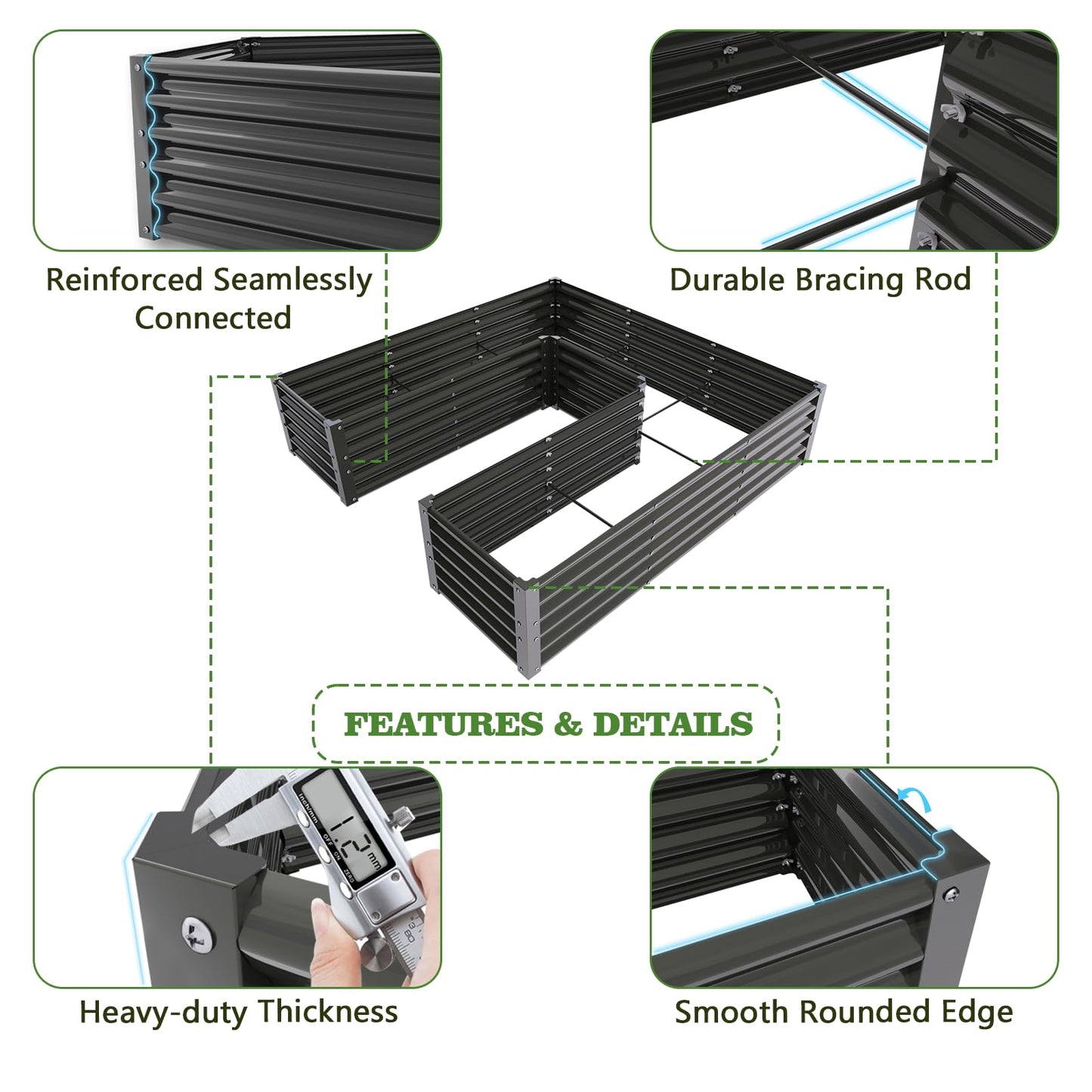 A ANLEOLIFE U-Shaped Outdoor Galvanized Raised Garden Bed, 6x6x1.5ft, Center-Access Bottomless Planter Box, 22-Gauge Corrugated Metal, Reinforced Bracing Rods, Quartz Grey