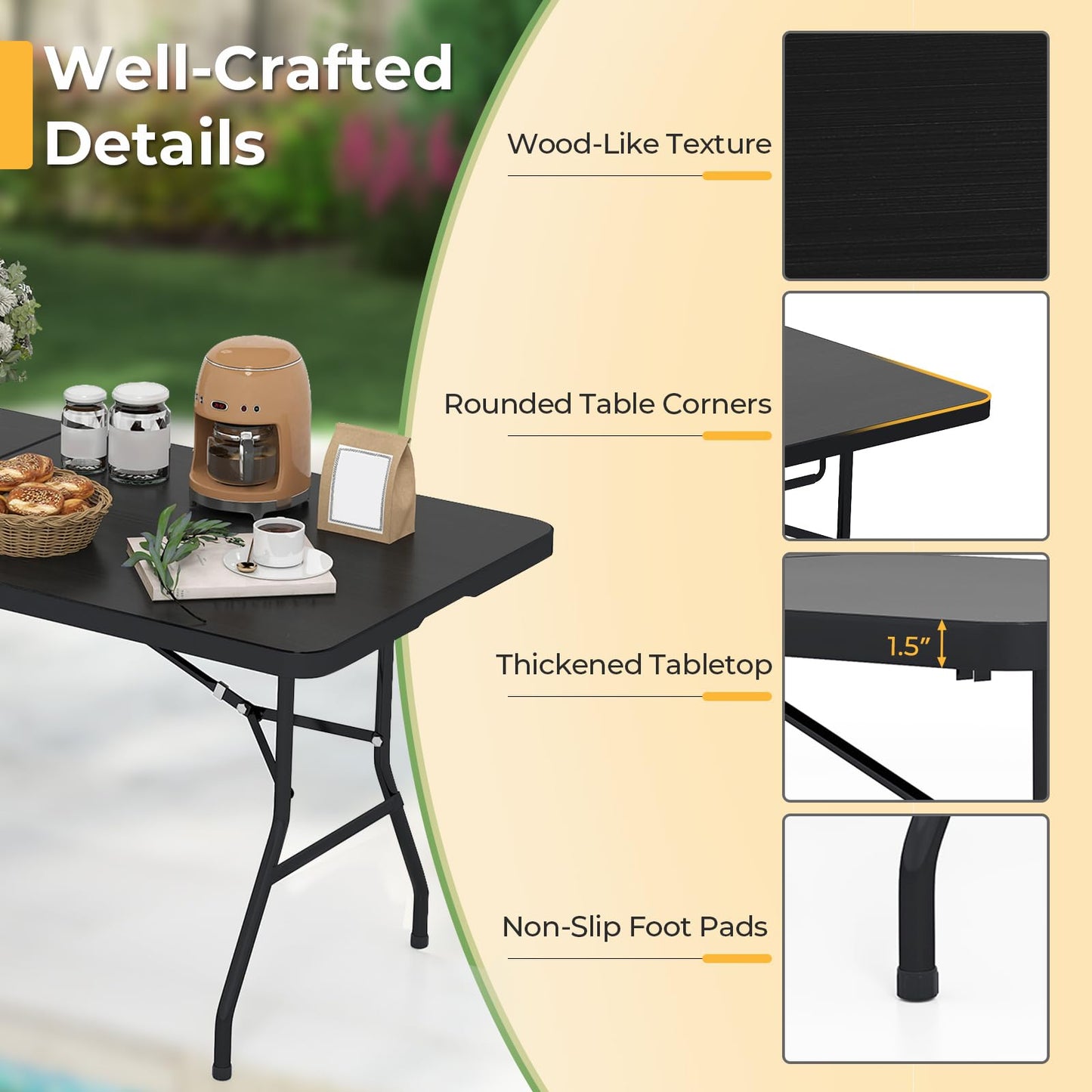 Goplus 6ft Folding Table, Indoor Outdoor Foldable Plastic Folding Tables, Heavy-Duty Rectangular Fold Up Table w/Handle, Portable Utility Card Table for Picnic, Party, Dining, Camping, Beach, Black