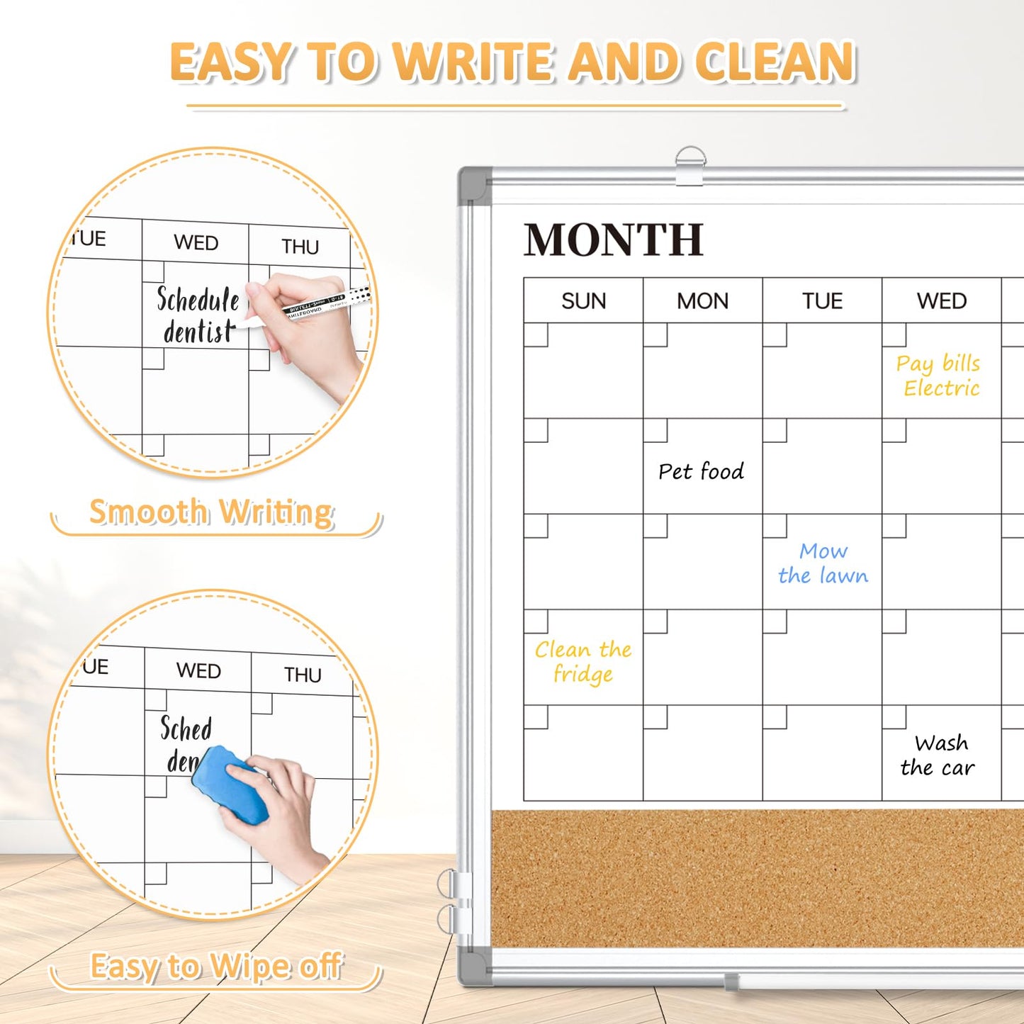 QUEENLINK Large Dry Erase Calendar for Wall, 36"x24" Double-Sided Magnetic Whiteboard Calendar with Cork Board, Aluminum Frame Monthly White Board Memo Message Board for Office, Home, School, Kitchen