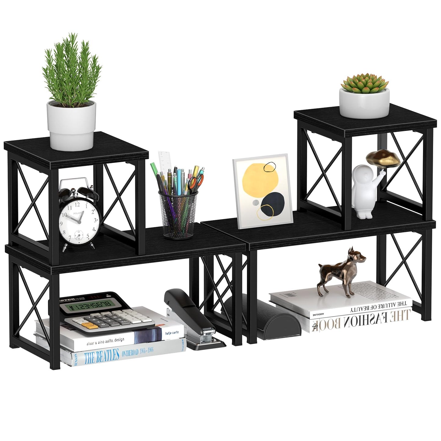 Honiter 2 Sets Desk Shelf, Desktop Organizer Shelf, Freestanding Small Bookshelf Desk Organizer, 2 Tier Independent Stackable Desktop Shelves, Desktop Office Storage Rack Display Shelf, Black