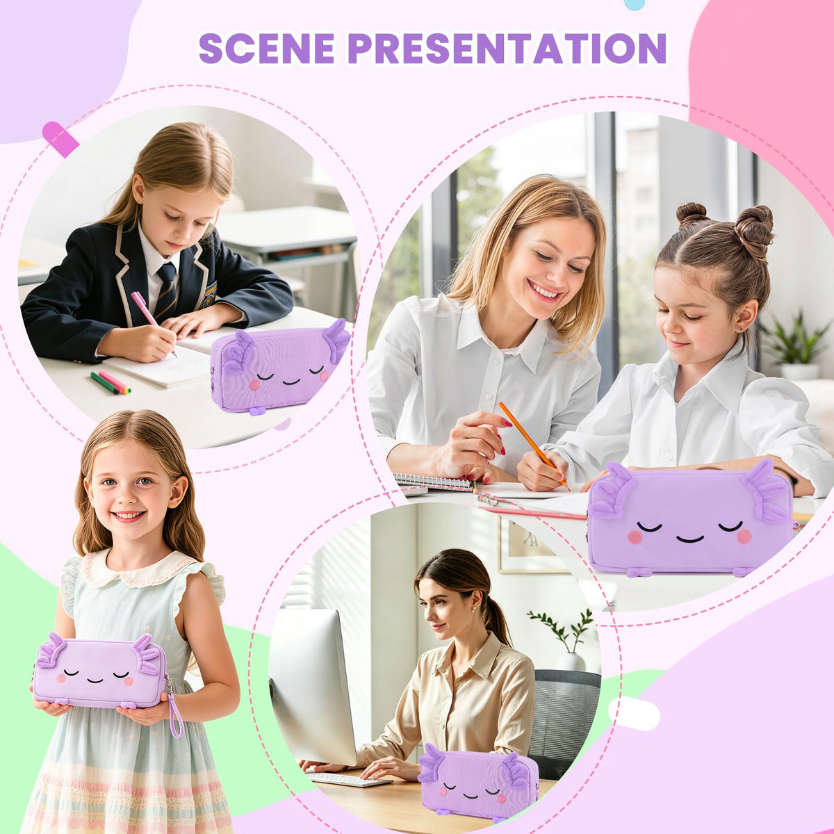 EHZYP Axolotl Pencil Case, Pencil Case For Girls Kids, Salamander Pen Box For School, Large Capacity Pen Pouch,School Supplies Bag for Kids (Purple)