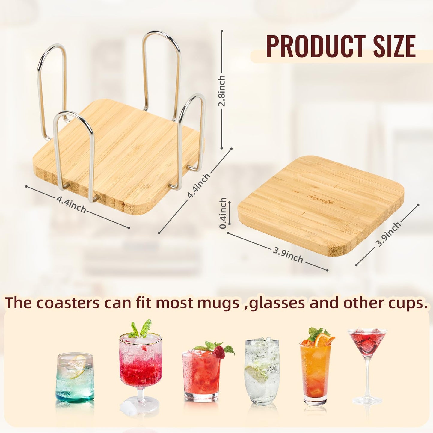 eleganlife Coasters Set of 6 for Coffee Bar Accessories - Bamboo, Drink Coasters with Holder for Home Decor and Wooden Small Snack Trays Set - Portable for Home, Office and Relaxation