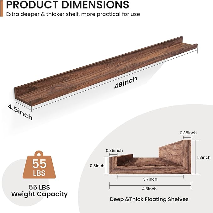 Fun Memories Picture Ledge Shelves Set of 2, 48 Inch Rustic Wall Mounted