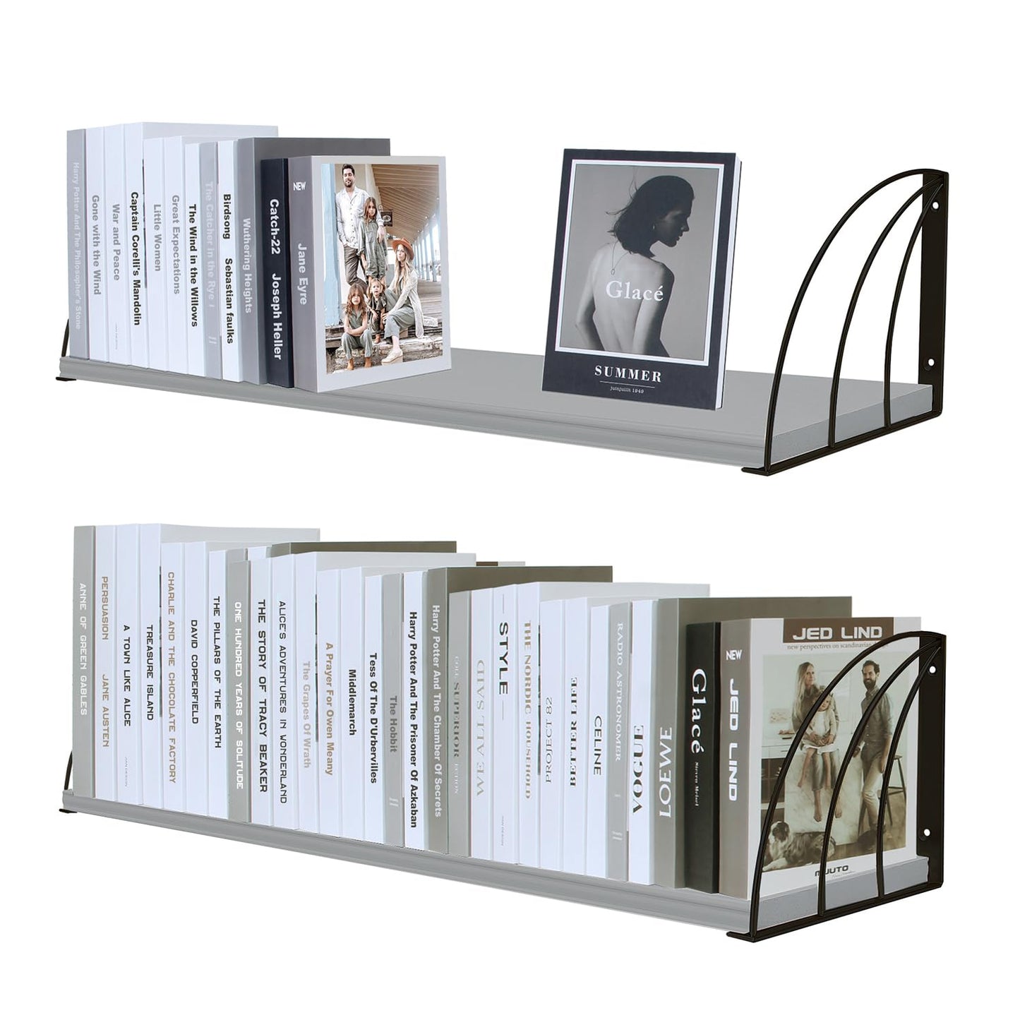 KDCMXS Pine Wood 23.57.87 Inch Floating Bookshelf - Elegant Grey Shelves, Wall Mounted - Set of 2
