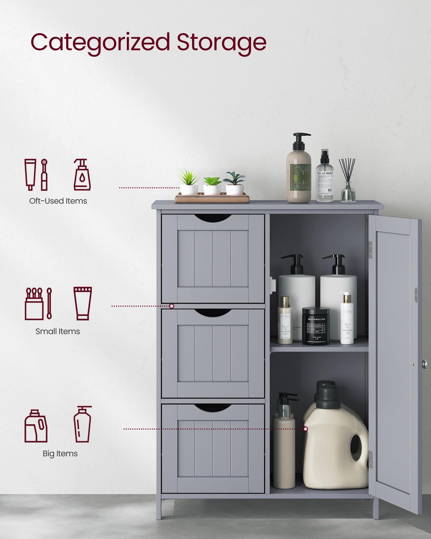 VASAGLE Floor Storage Cabinet, Freestanding Storage Unit with 3 Drawers, 1 Adjustable Shelf, for Bathroom Living Room Dining Kitchen, 11.8 x 23.6 x 31.5 Inches, Dove Gray UBBC049G02