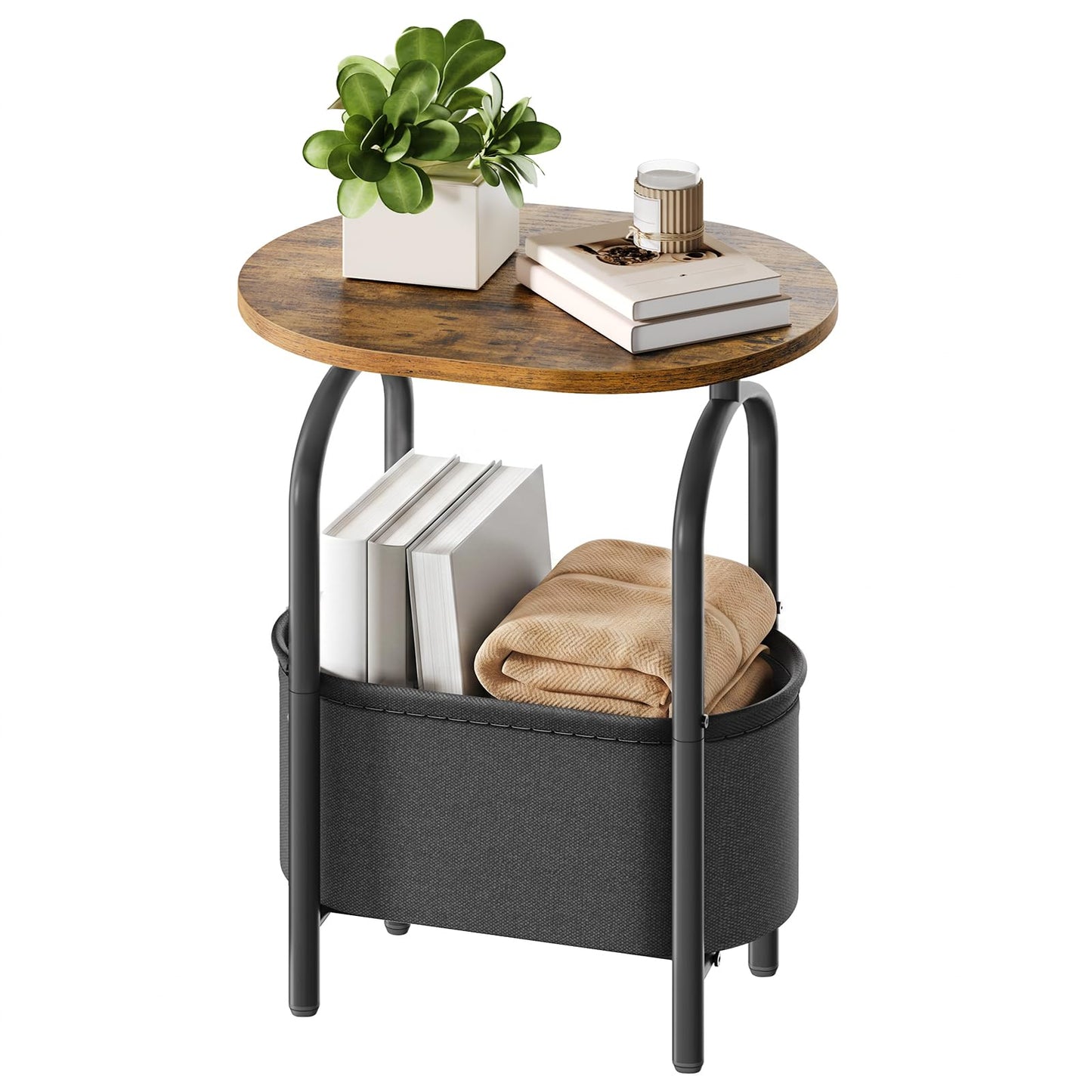 RALGEND Small Round Side Table with Fabric Basket Storage, Oval End Table for Small Spaces, Modern Coffee Bedside Table, Couch Side Table for Living Room, 15.7" X 11.8" X 24", Rustic Brown 8601BZBF
