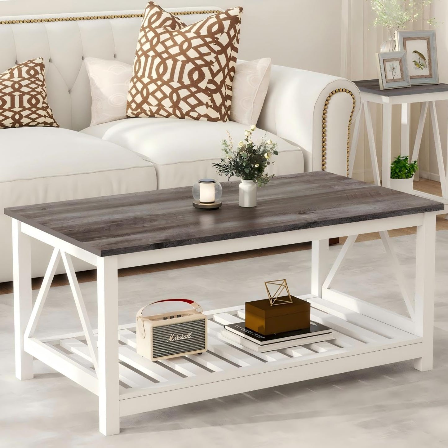 UYIHOME Farmhouse Coffee Table, White Oak Coffee Table for Living Room, 2-Tier Rectangular Wooden Centre Cocktail Table with Slats Shelf Storage and V-Shaped Frame Modern Coffee Oak Grey