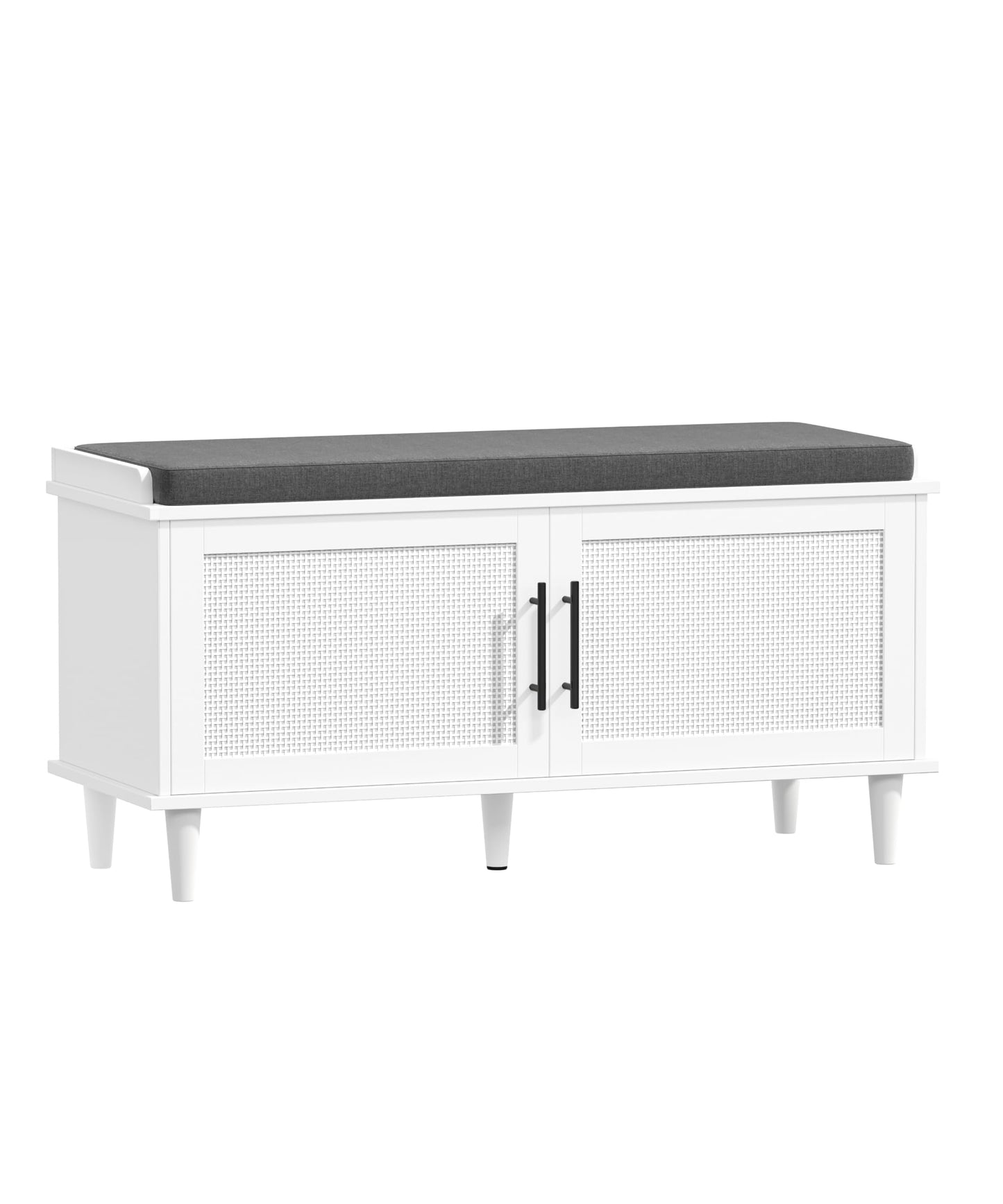 Akxomel Rattan Shoe Storage Bench with Cushion, 2-Tier Entryway Bench with Adjustable Shelves and 2 Doors, 15" D x 39.4" W x 20" H, Solid Wood Legs, for Hallway, Living Room, Bedroom, White