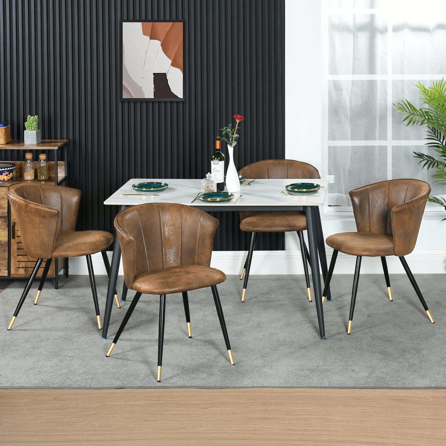 FurnitureR Vintage Set of 2 with Armrest Suede Modern Living Accent Side Club Guest with Black Golden Legs Room Dining Chair, Brown