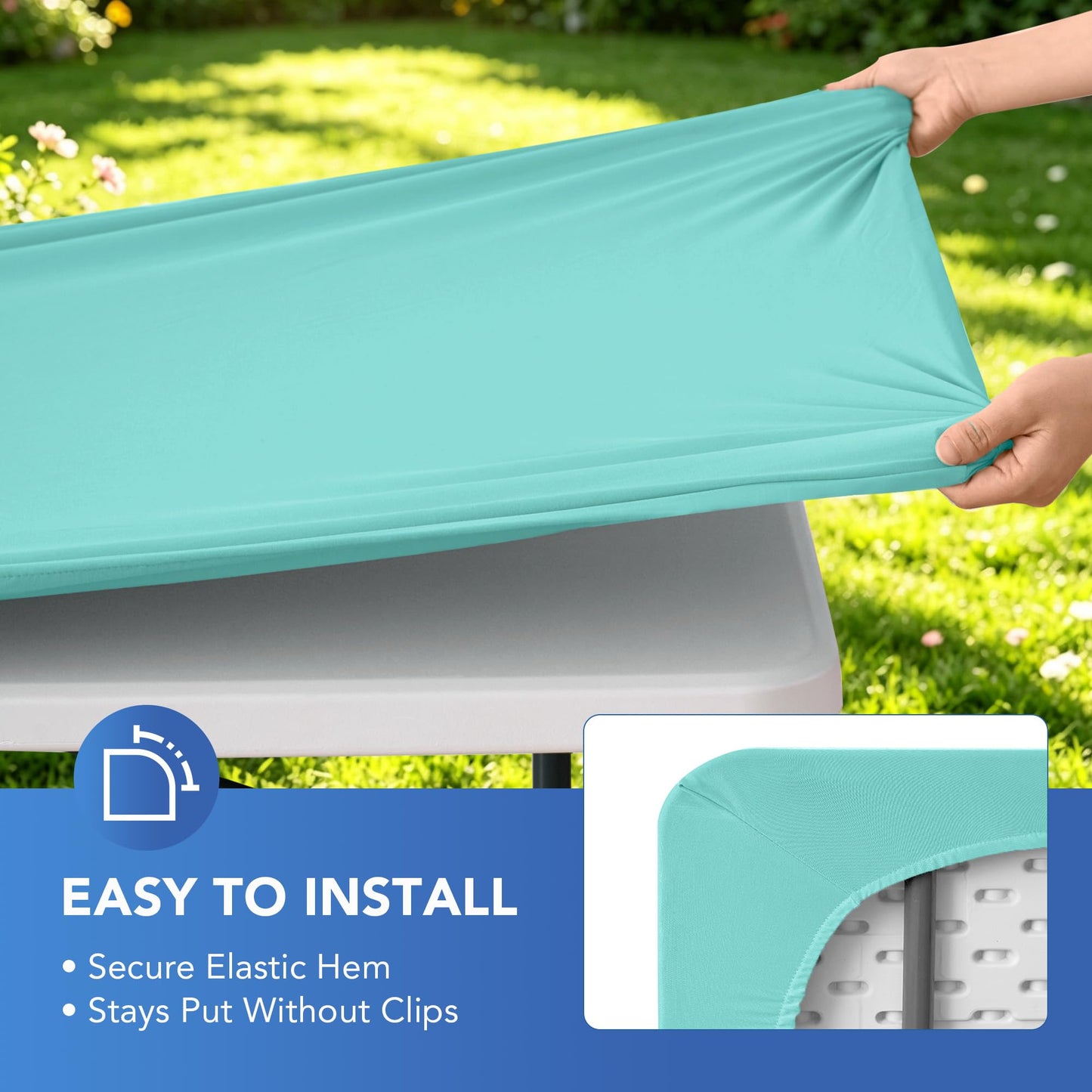 Enjoyidea Square Fitted Tablecloth 34x34 Inch-2 Pack Aqua Blue Card Elastic Spandex Table Cover-Small Stretch Folding Table Cloths Topper Cap for Kitchen Dining Picnic Patio Outdoor Party Tables
