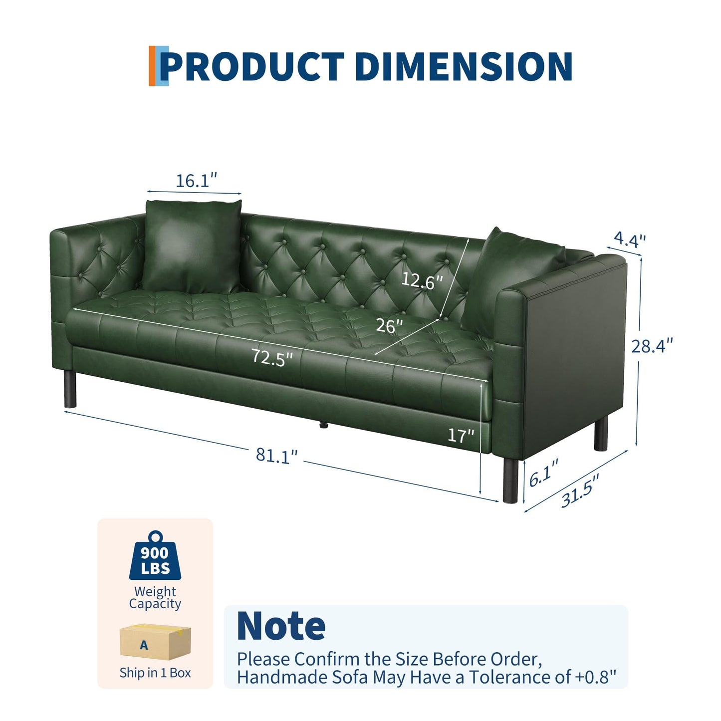GarveeHome 81 in Leather Couch for Living Room, Modern Sofa Couch with Deep Seat, Handmade Button Tufted 3 Seater Sofa, Leather Sofa for Apartment, Office, Green