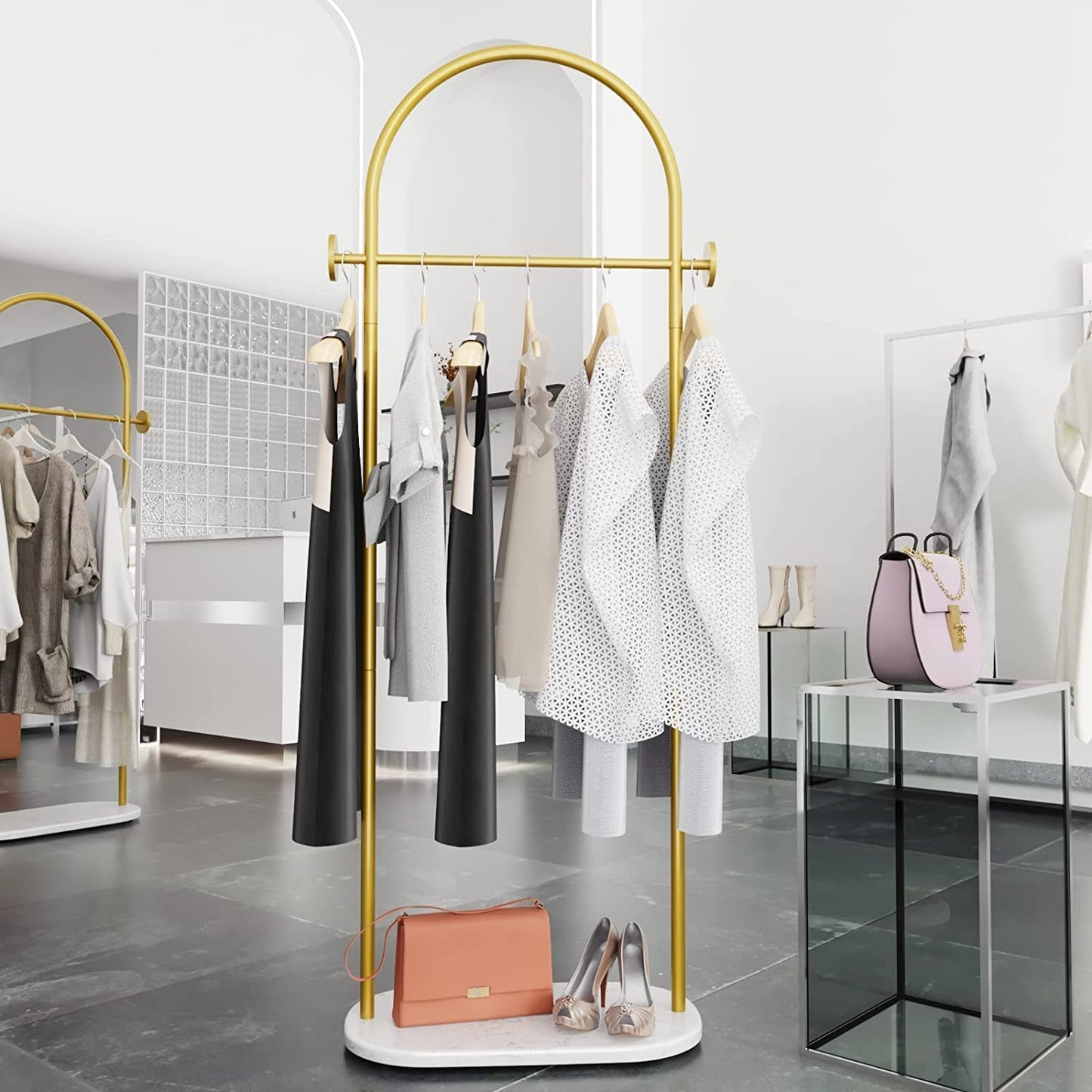 HKaikzo Gold Garment Rack, Modern Coat Racks Freestanding for Hanging Clothes Heavy-duty Clothing Rack with Marble Base, for Bedroom, Bathroom, Living Room, Boutiques 23.6" W