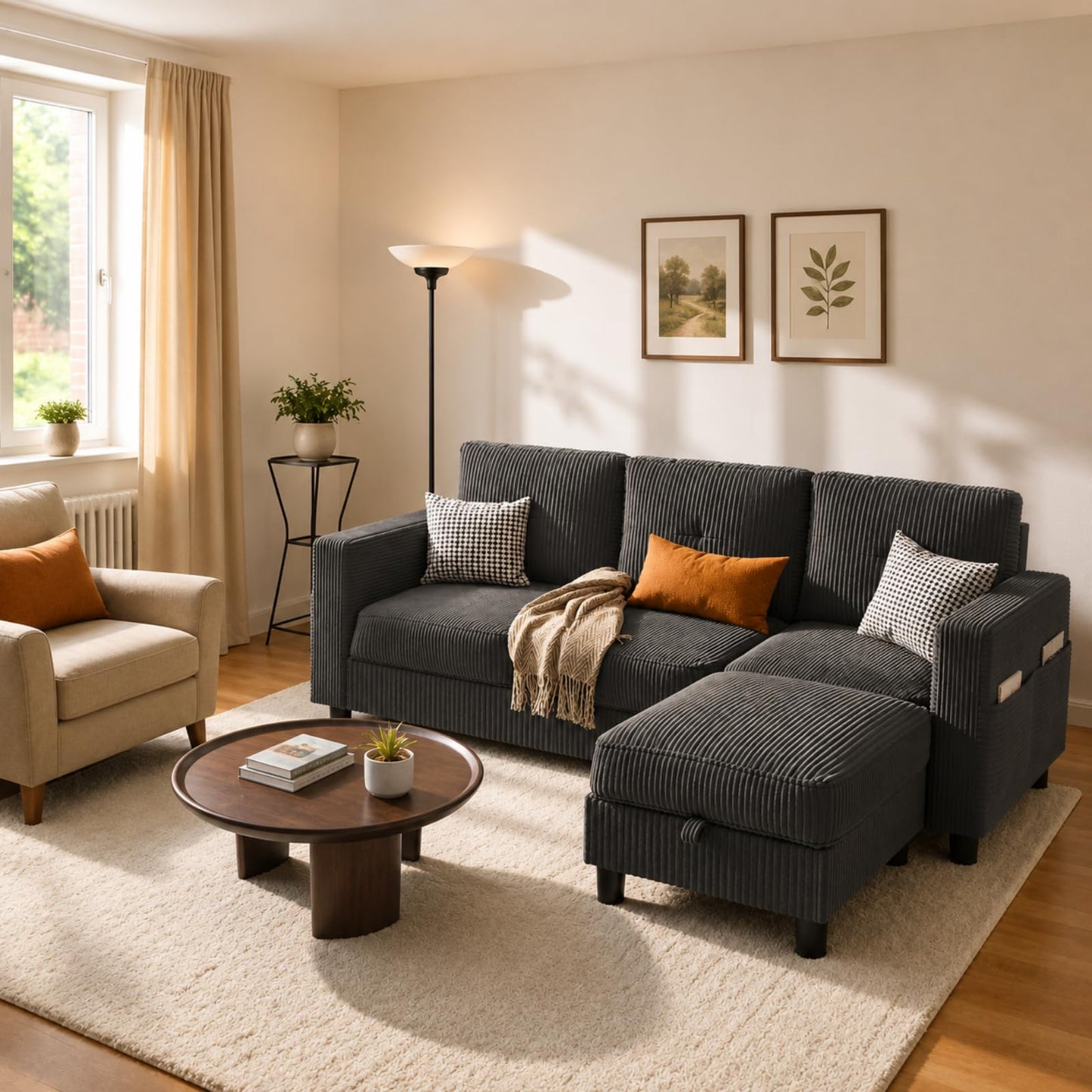 Convertible Sectional Sofa with Storage Ottoman, 77” L-Shaped 3-Seat Couch with Skin-Friendly Corduroy Fabric, Reversible Small Sectional for Small Space, Apartment, Living Room and Office(Dark Grey)